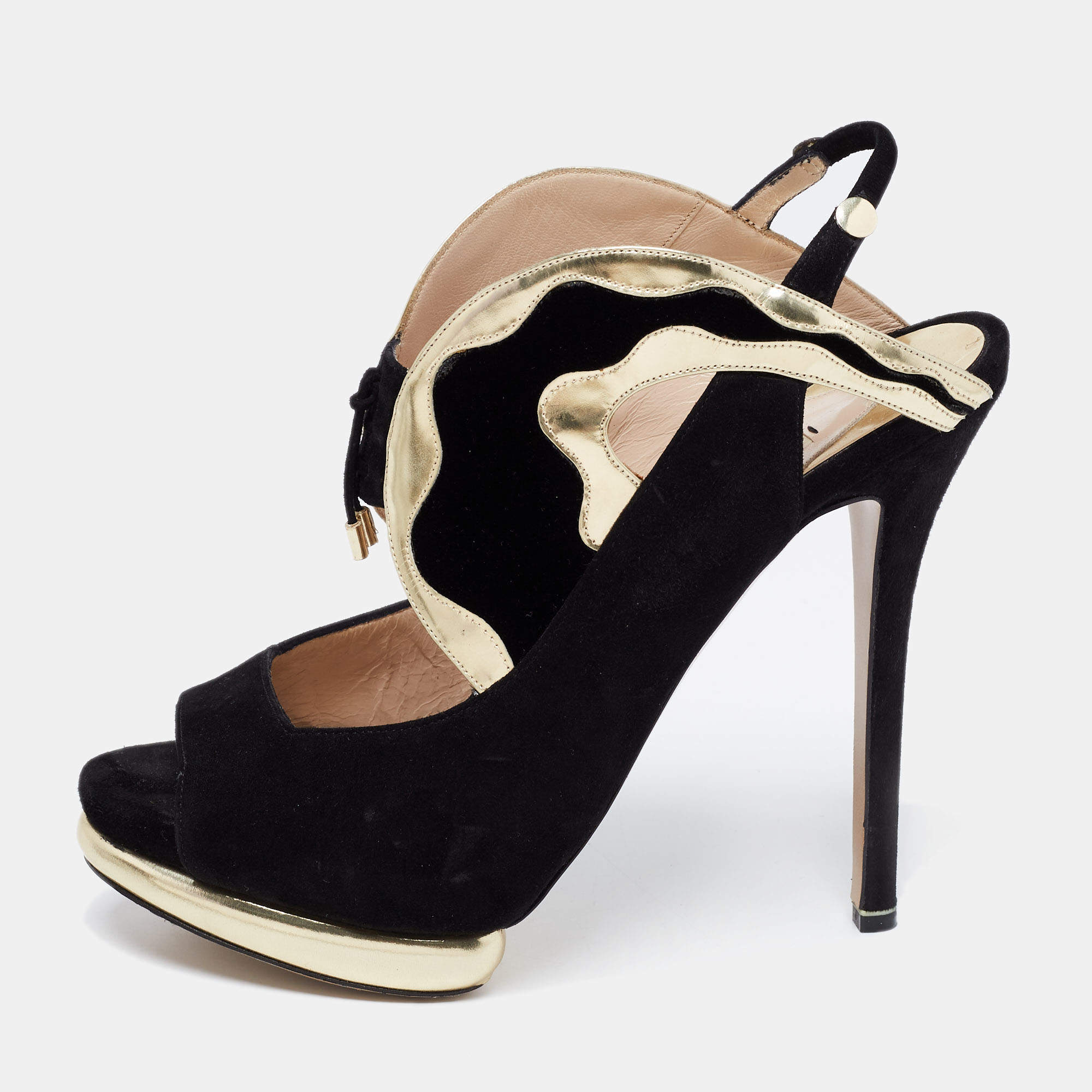 Pre Owned Nicholas Kirkwood Black/Gold Suede And Leather Platform Slingback Sandals Size 38