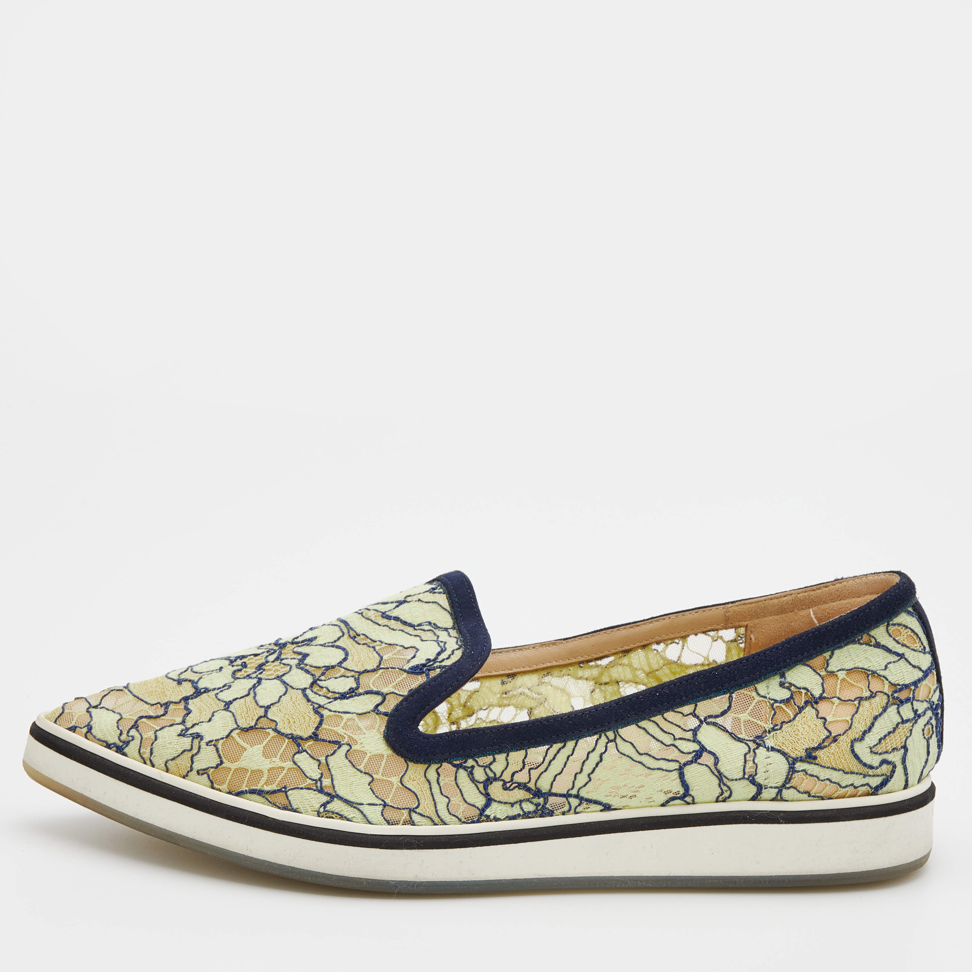 Nicholas Kirkwood Navy Blue/Green Lace and Suede Trim Alona Pointed Toe Platform Loafers Size 36