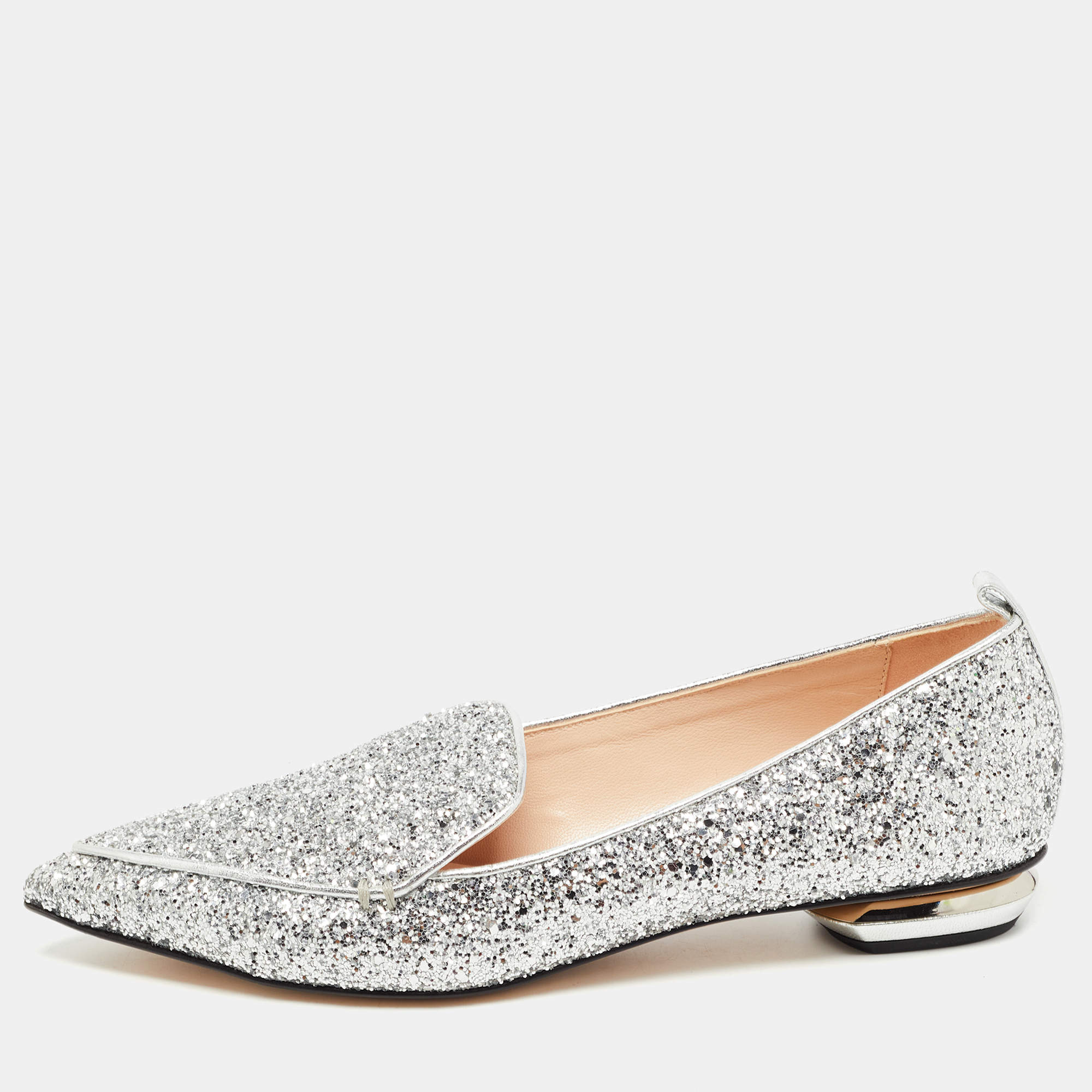 Pre Owned Nicholas Kirkwood Silver Leather and Glitter Beya Loafers Size 40.5
