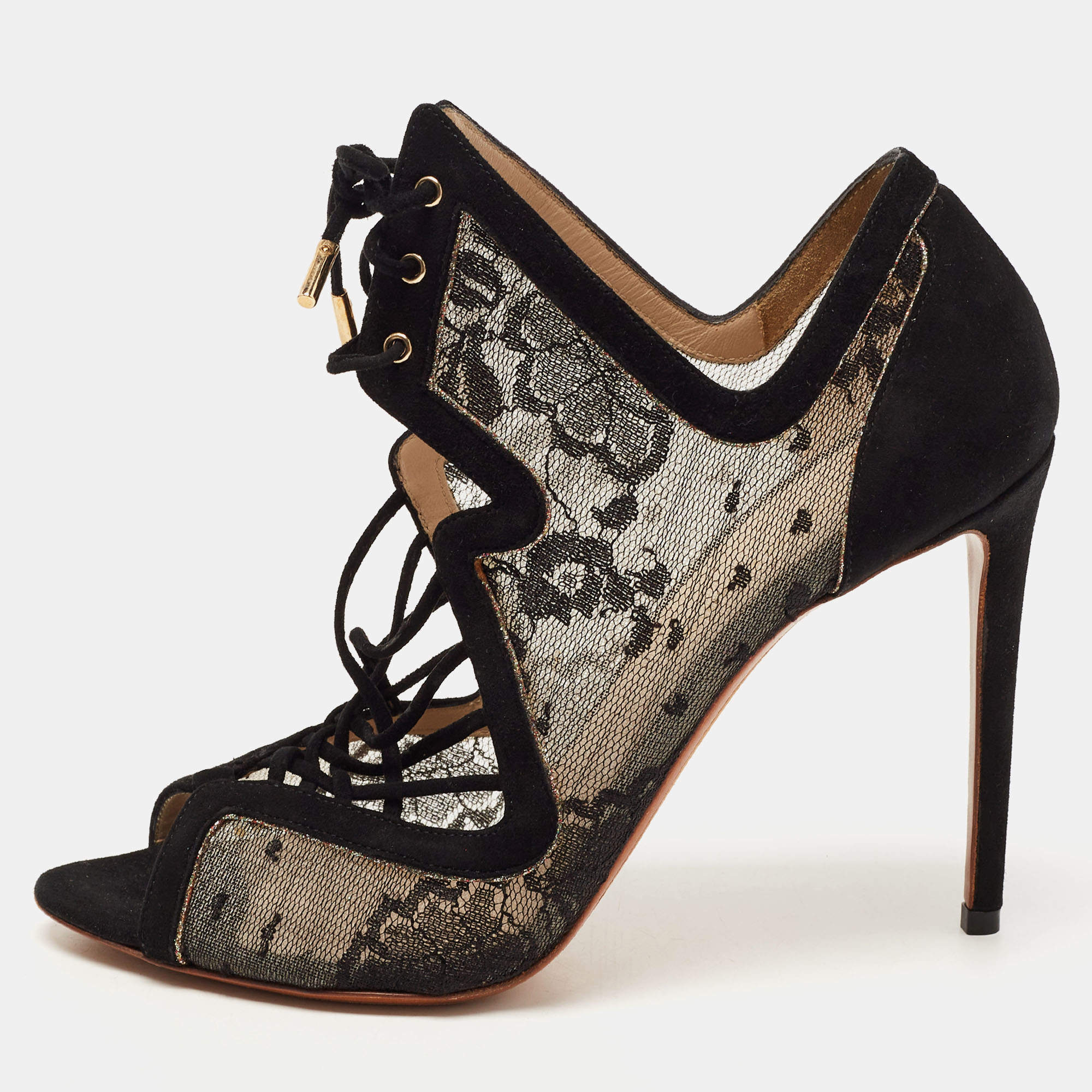 Nicholas Kirkwood Black Lace and Suede Cut Out Lace Up Booties Size 38
