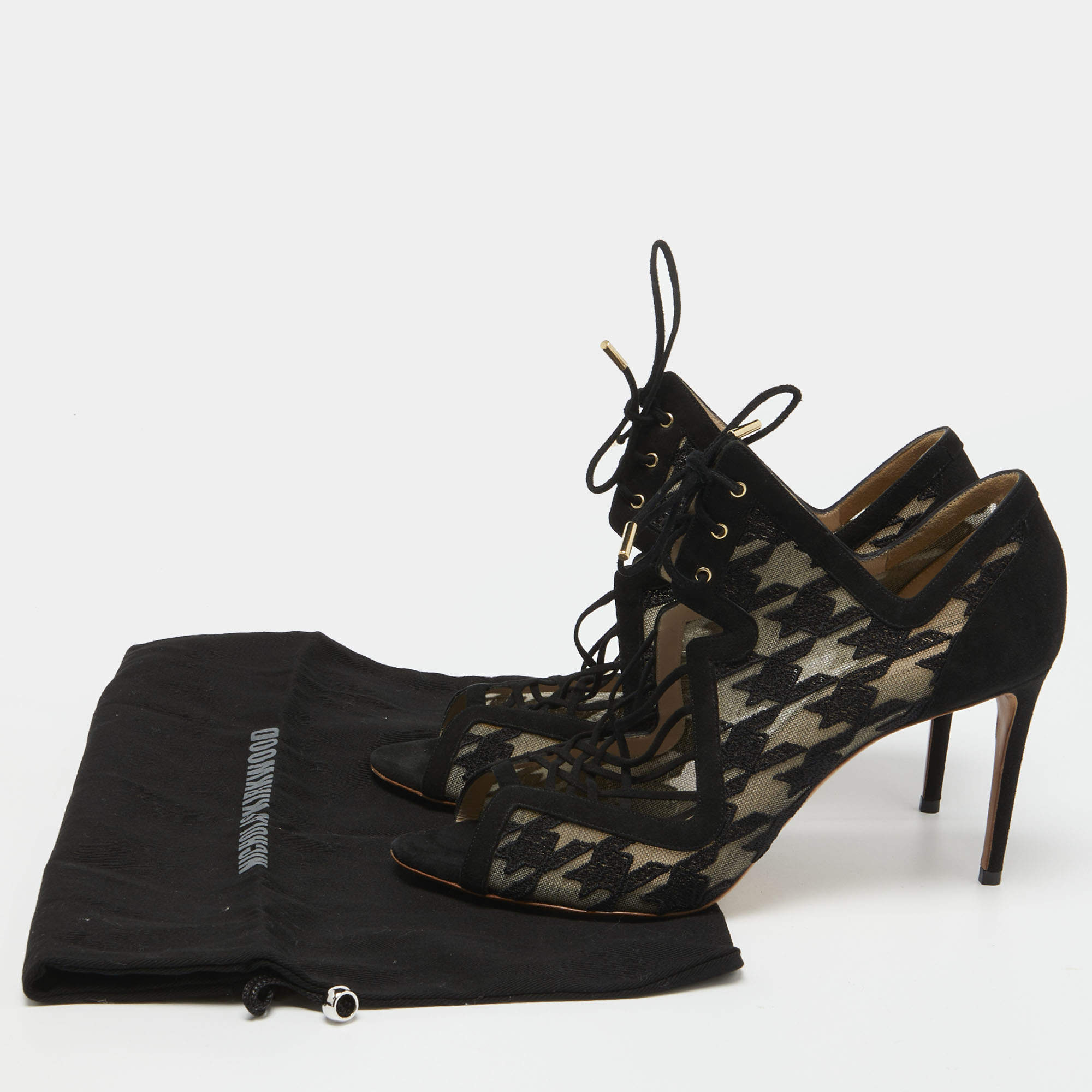 Pre Owned Nicholas Kirkwood Black Lace and Suede Peep Toe Lace Up Sandals Size 40.5
