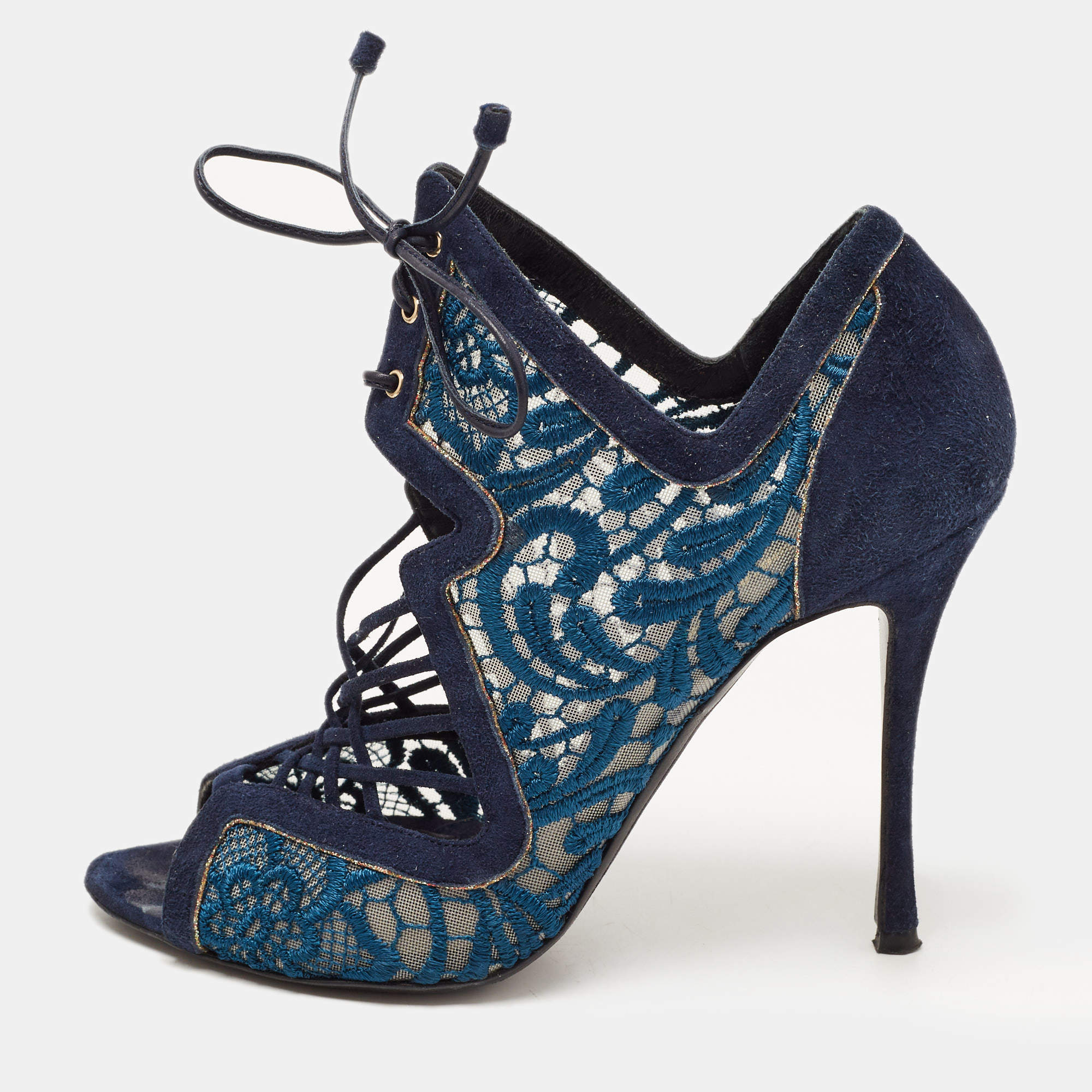 Nicholas Kirkwood Blue Suede and Lace Cut Out Lace Up Open Toe Booties Size 37