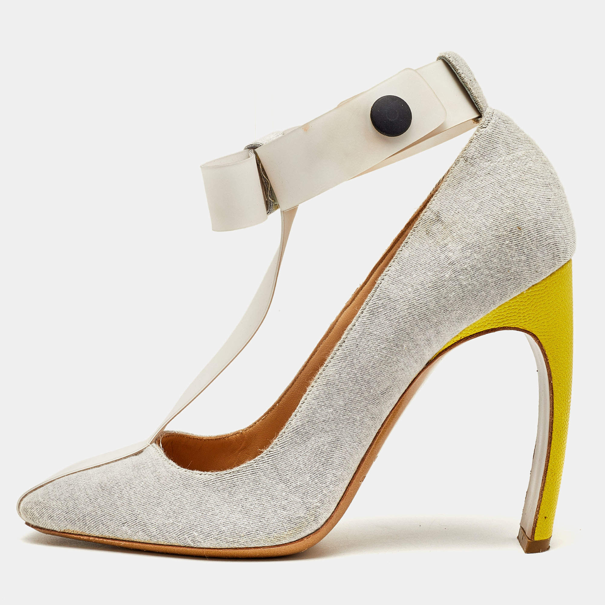 Nicholas Kirkwood Grey/White Jersey Fabric and Rubber Bow T-Strap Pumps Size 38