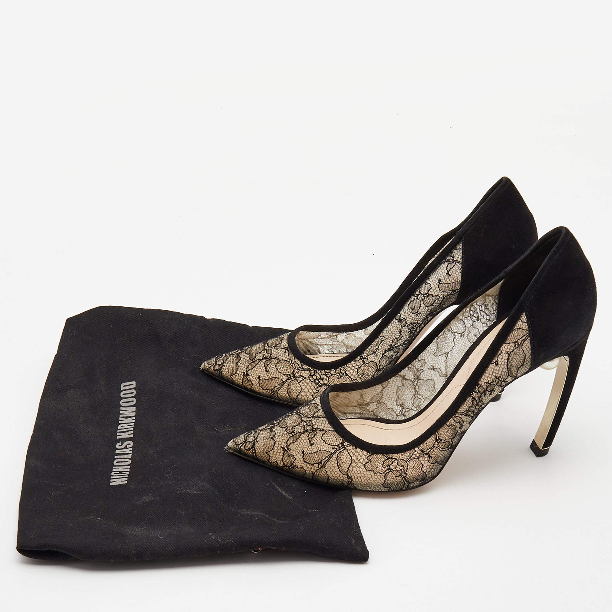 Pre-owned Nicholas Kirkwood Black Suede And Lace Mira Pearl Pumps Size 40