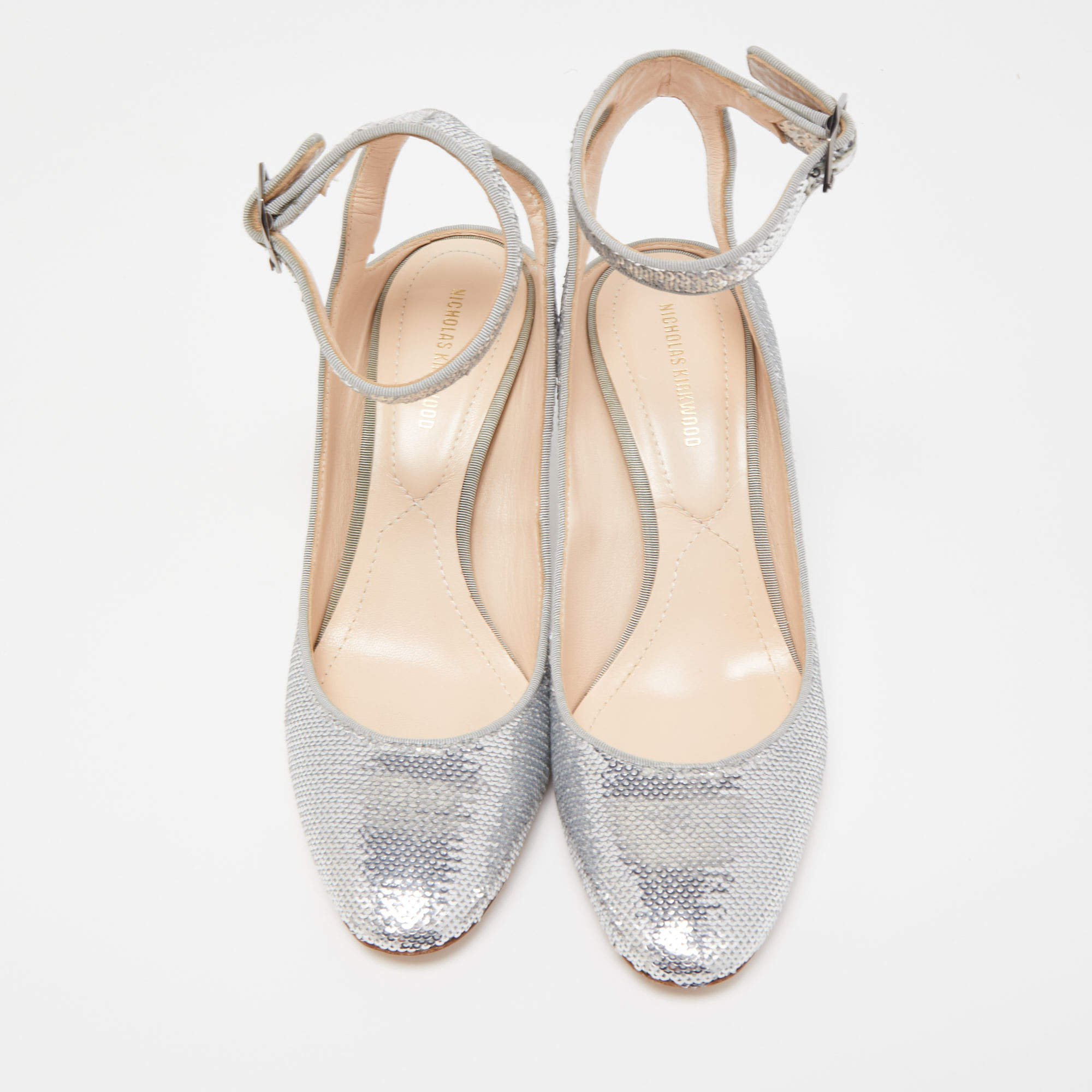 Pre Owned Nicholas Kirkwood Silver Sequin Lola Pearl Ankle Strap Pumps Size 36.5
