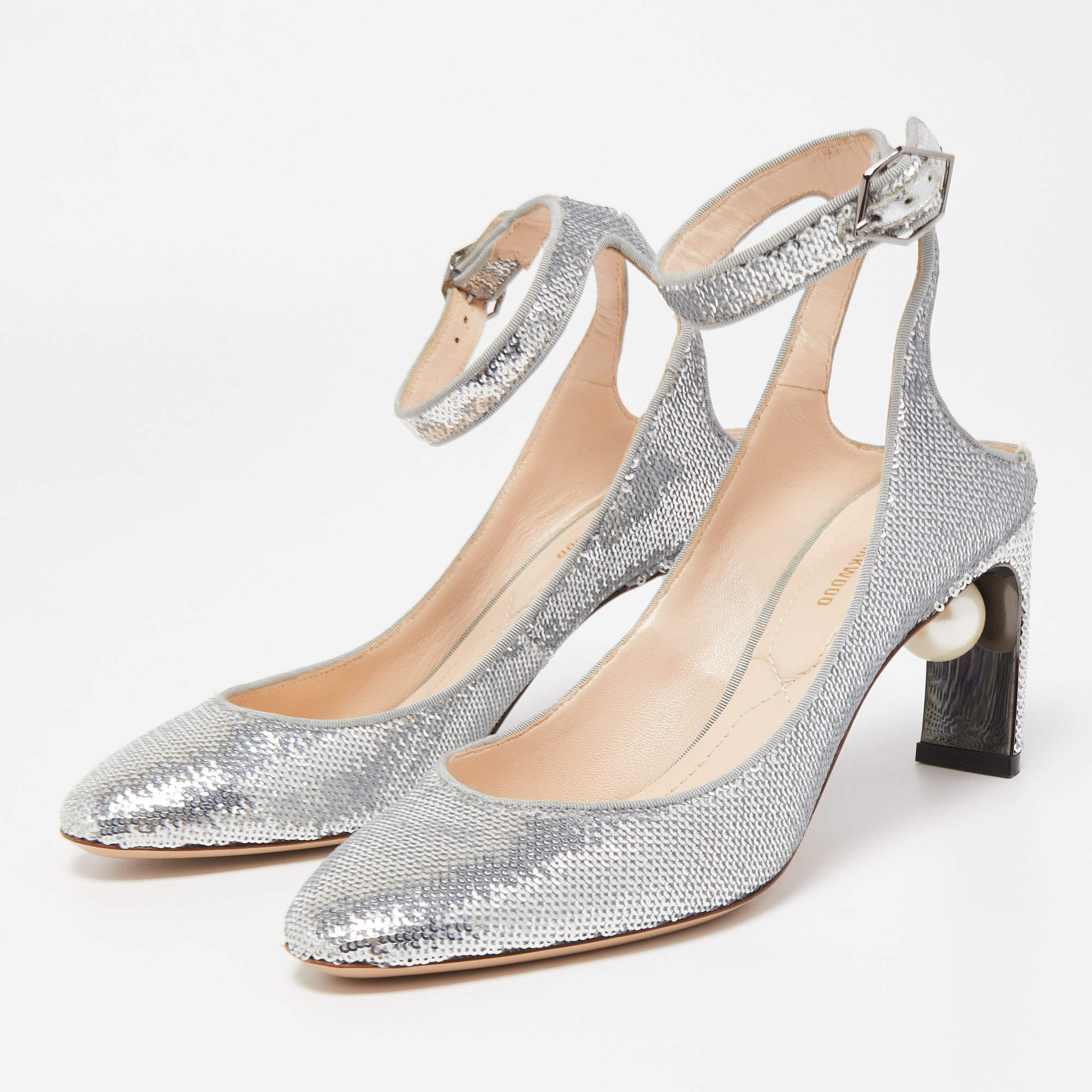 Pre Owned Nicholas Kirkwood Silver Sequin Lola Pearl Ankle Strap Pumps Size 36.5
