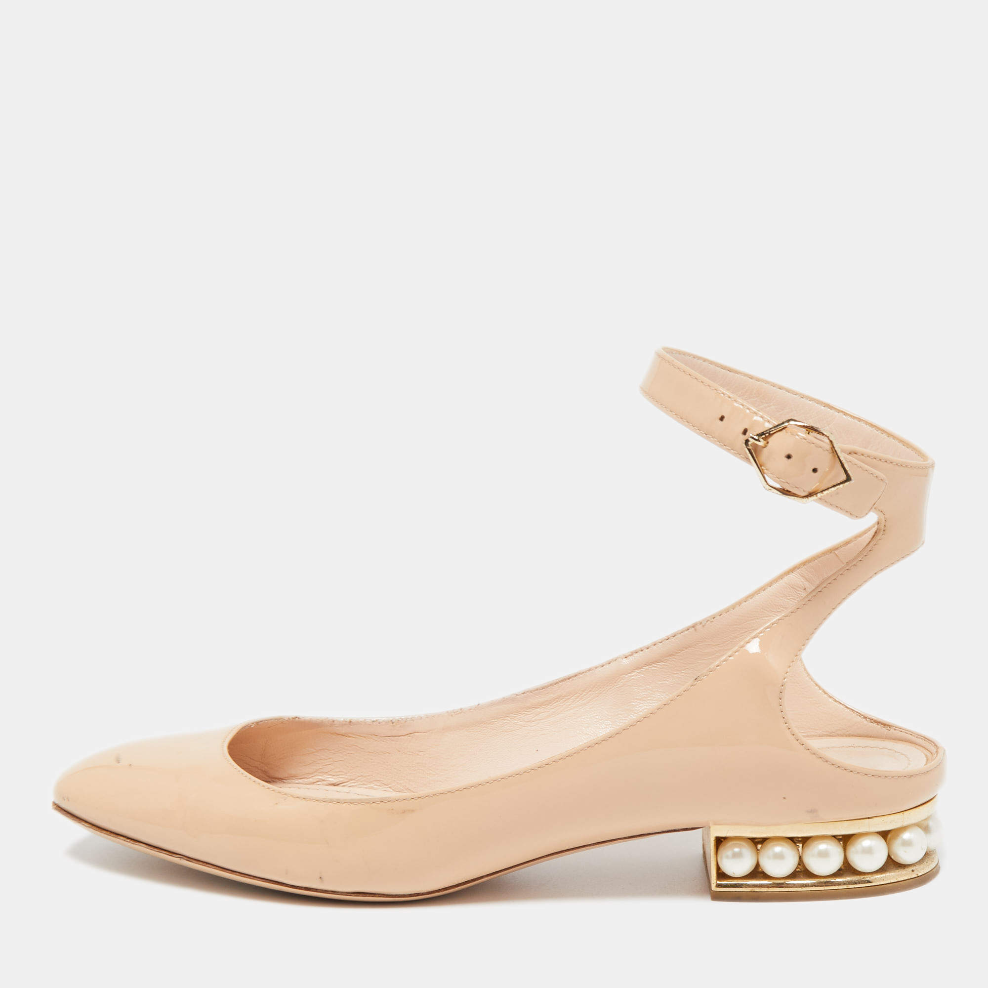 Nicholas Kirkwood Shoe Size 39.5 Beige & Gold Canvas Pearl Detail Flats