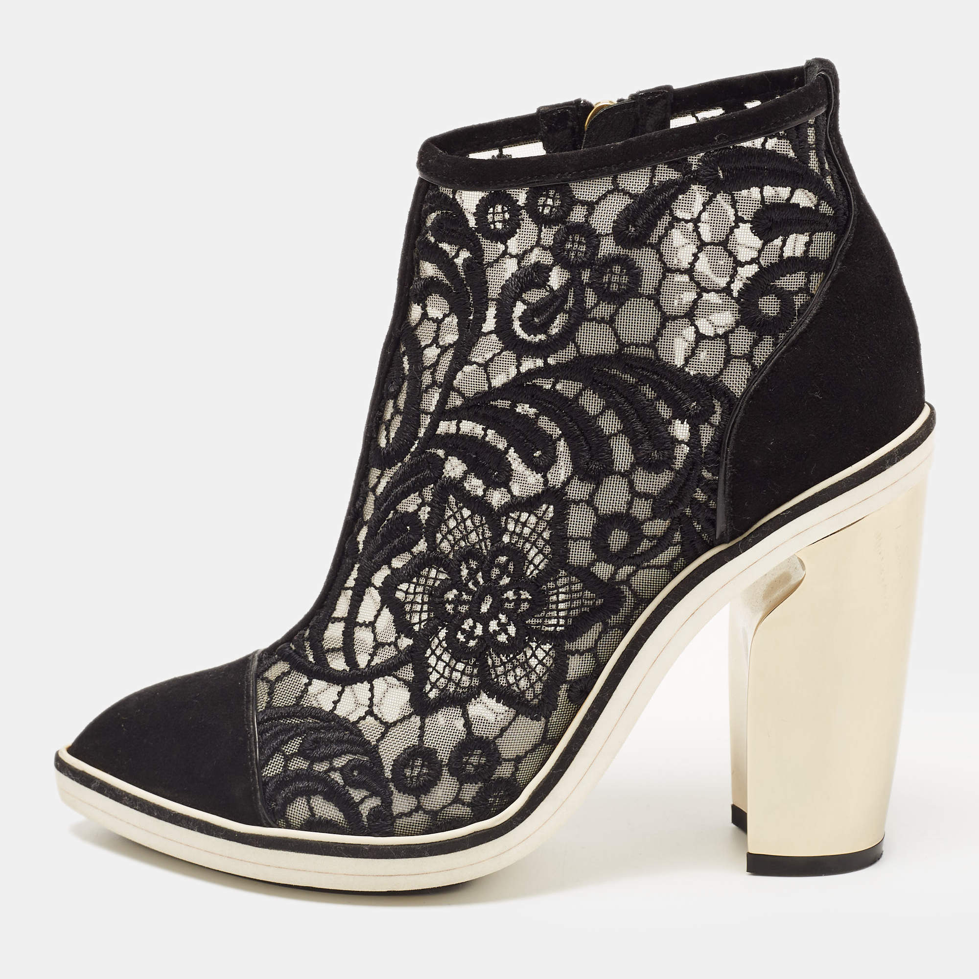 Nicholas Kirkwood Black Suede and Embroidered Mesh Block Heel Ankle Boots Size 36