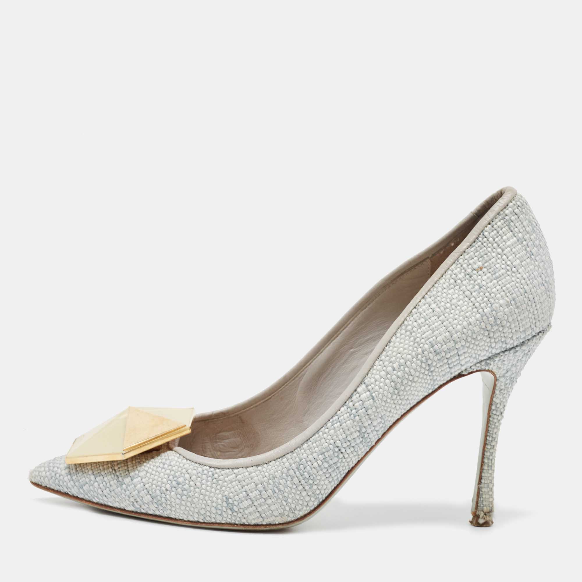 Nicholas Kirkwood Grey Raffia  Hexagon Pointed Toe Pumps Size 38