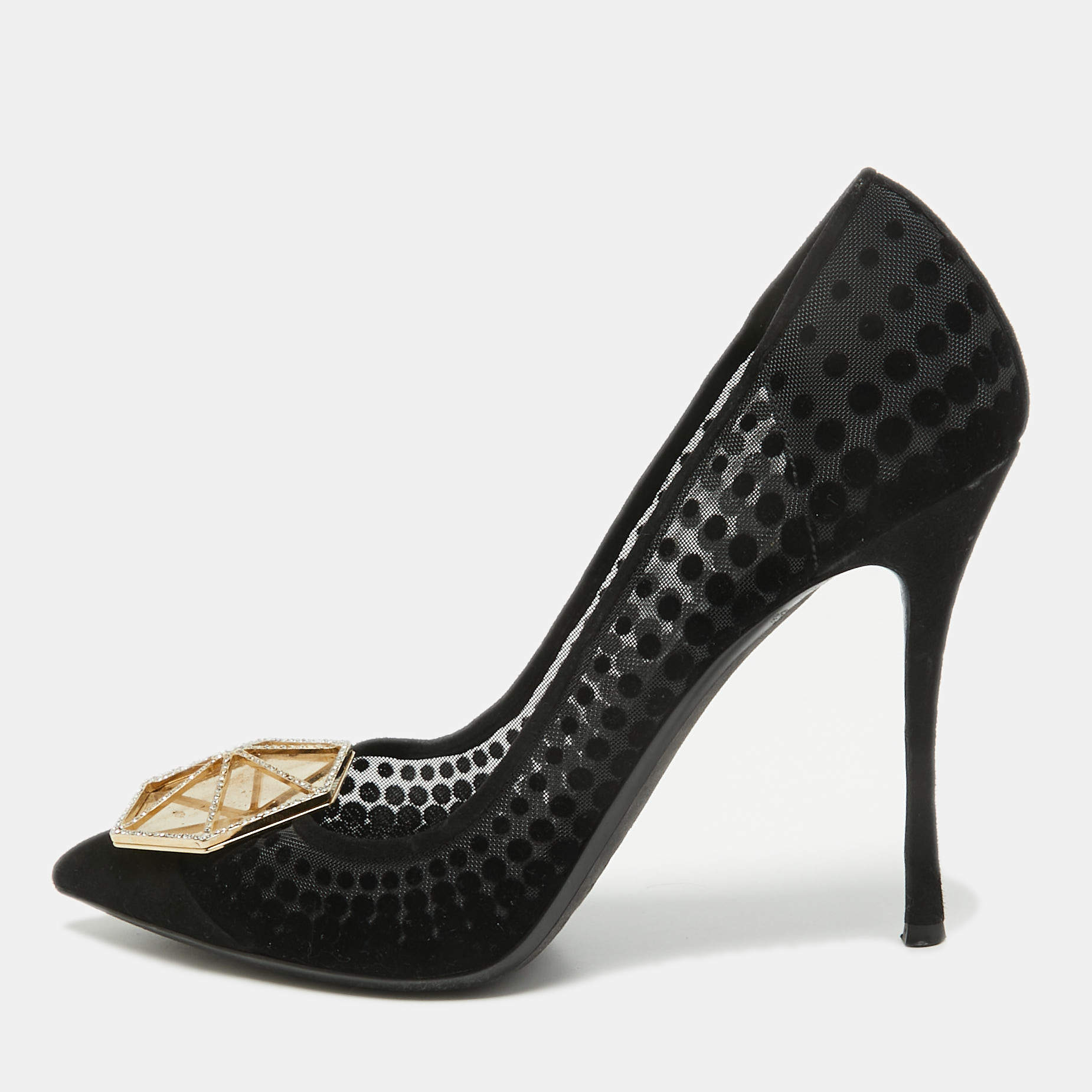 Nicholas Kirkwood Black Velvet and Mesh Embellished Hexagon Buckle Pumps Size 39