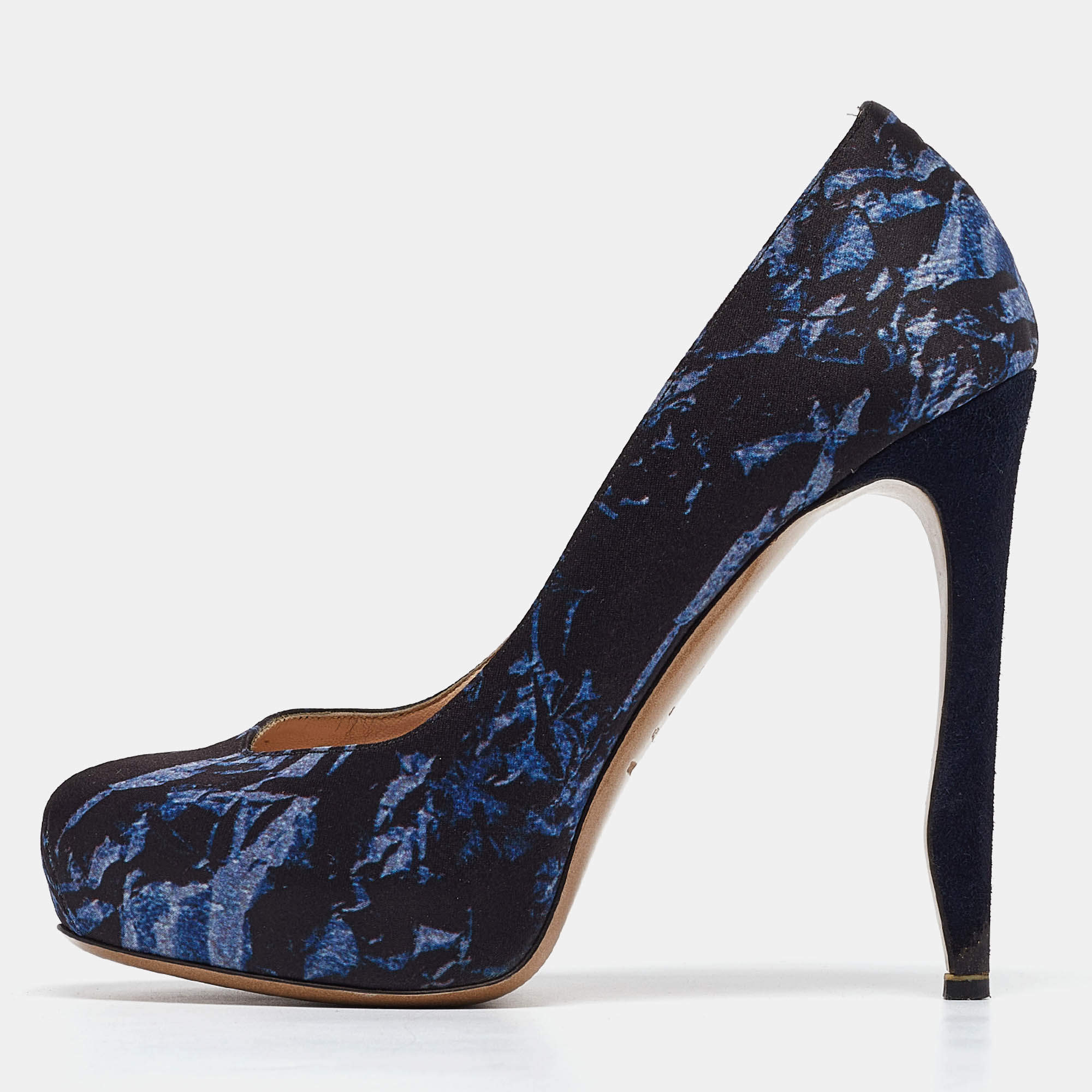 Nicholas Kirkwood Navy Blue Print Satin Platform Pumps Size 37.5