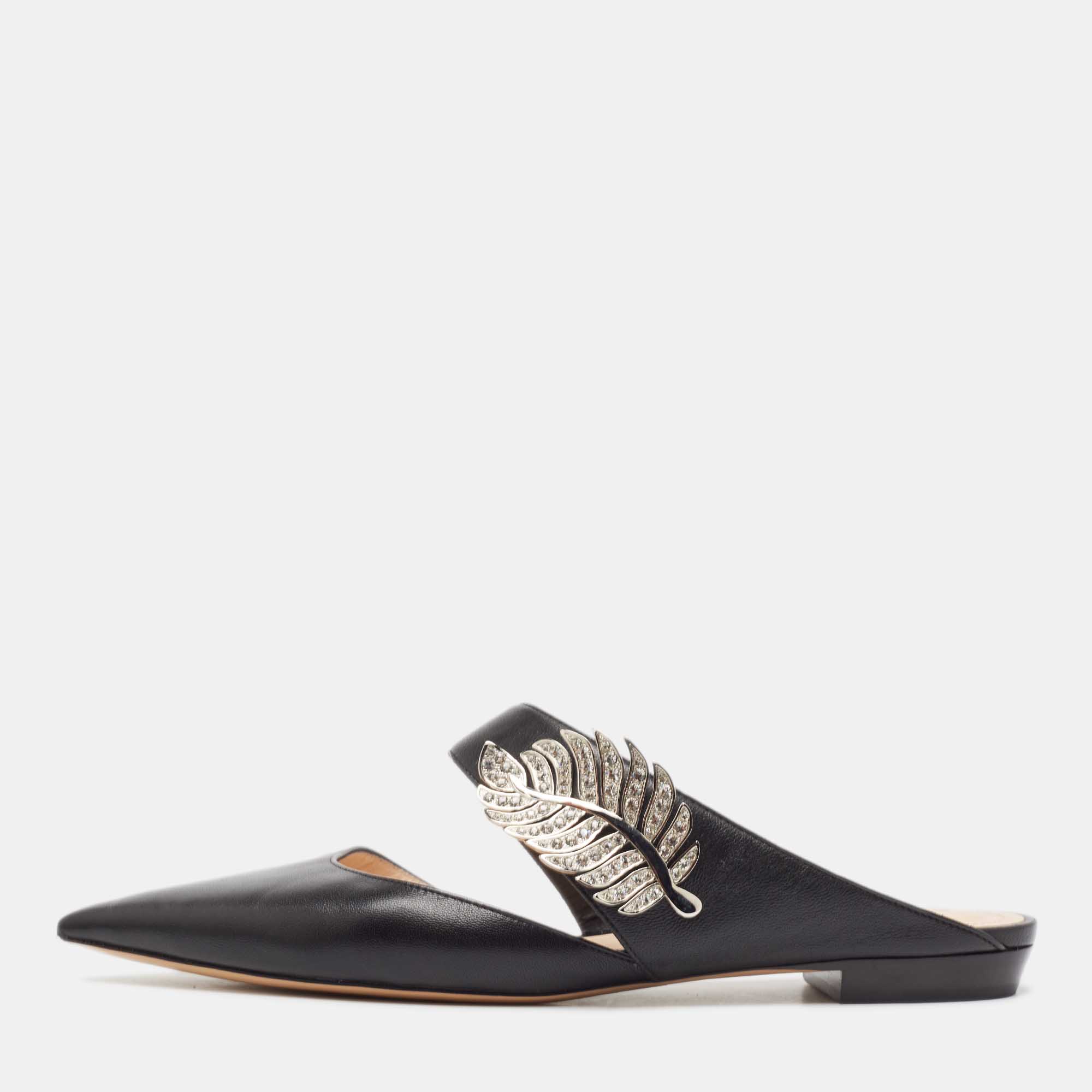 Nicholas Kirkwood Black Leather Crystal Embellished Flat Mules Size 40