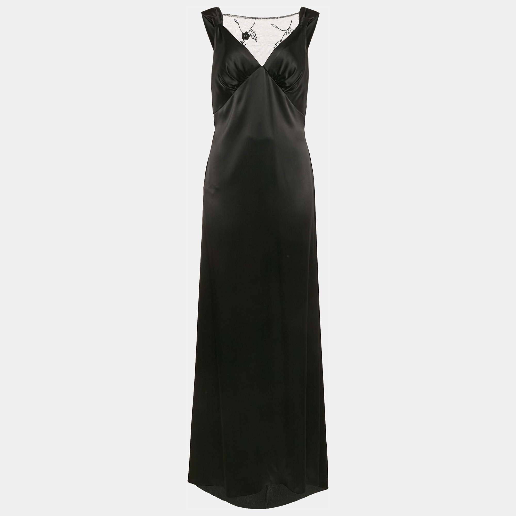 Nicole Bakti Black Satin Embroidery Detail Sleeveless Maxi Dress M