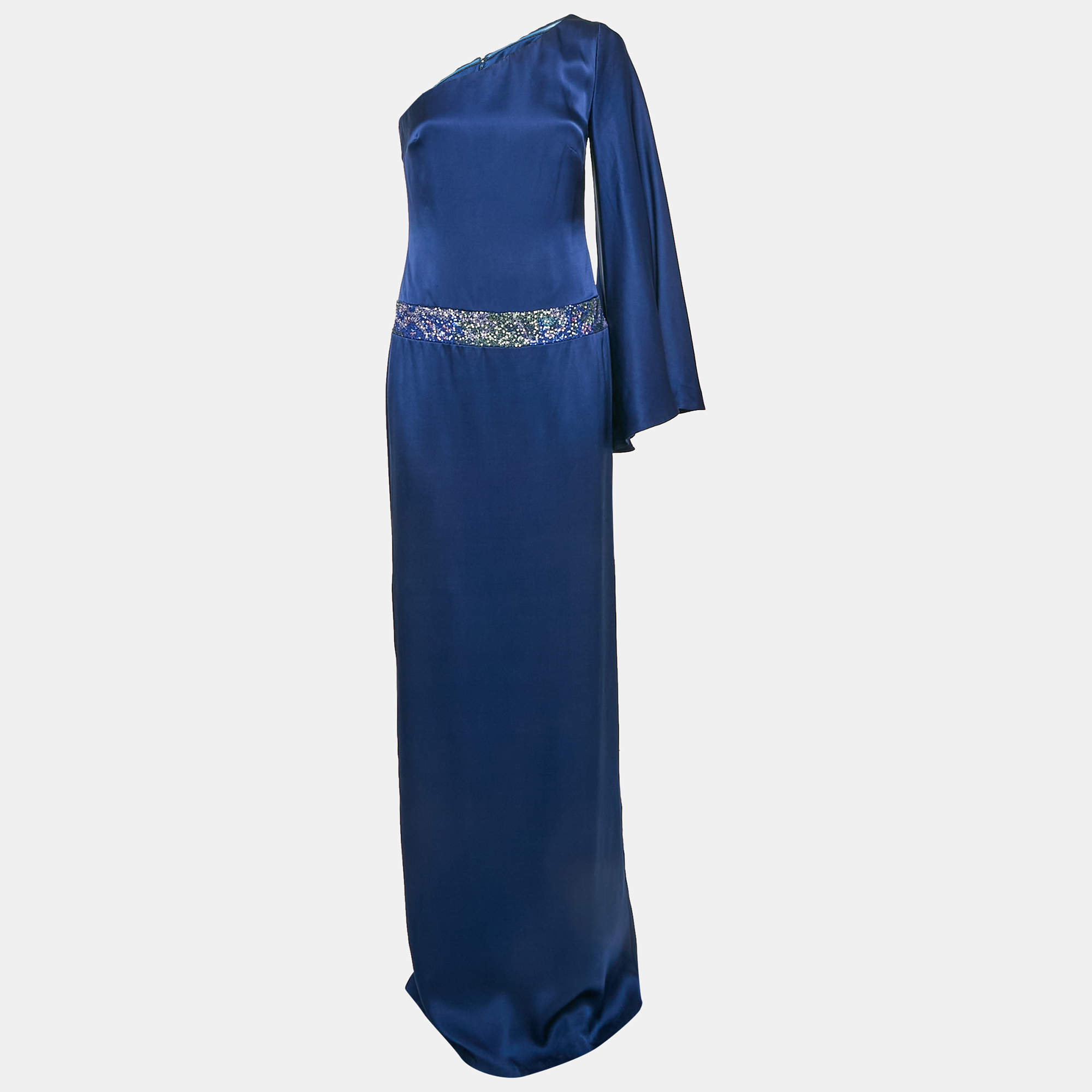 Pre Owned Nicole Miller Blue Sequin Embellished Satin Silk One Shoulder Cocktail Dress M