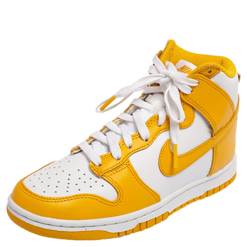 Pre Owned Nike Dark Sulfur/White Leather Dunk High Top Sneakers Size 36.5