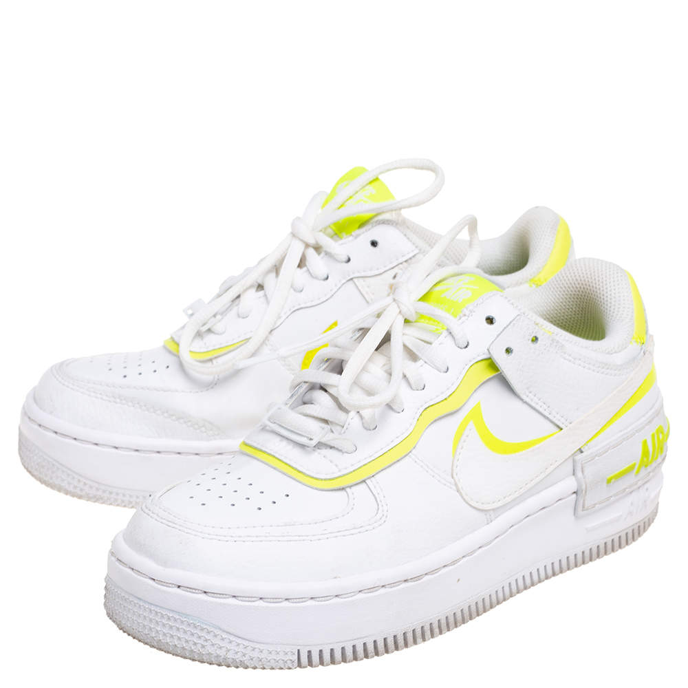 Nike White/Neon Yellow Leather Air Force 1 Shadow Low-Top Sneakers