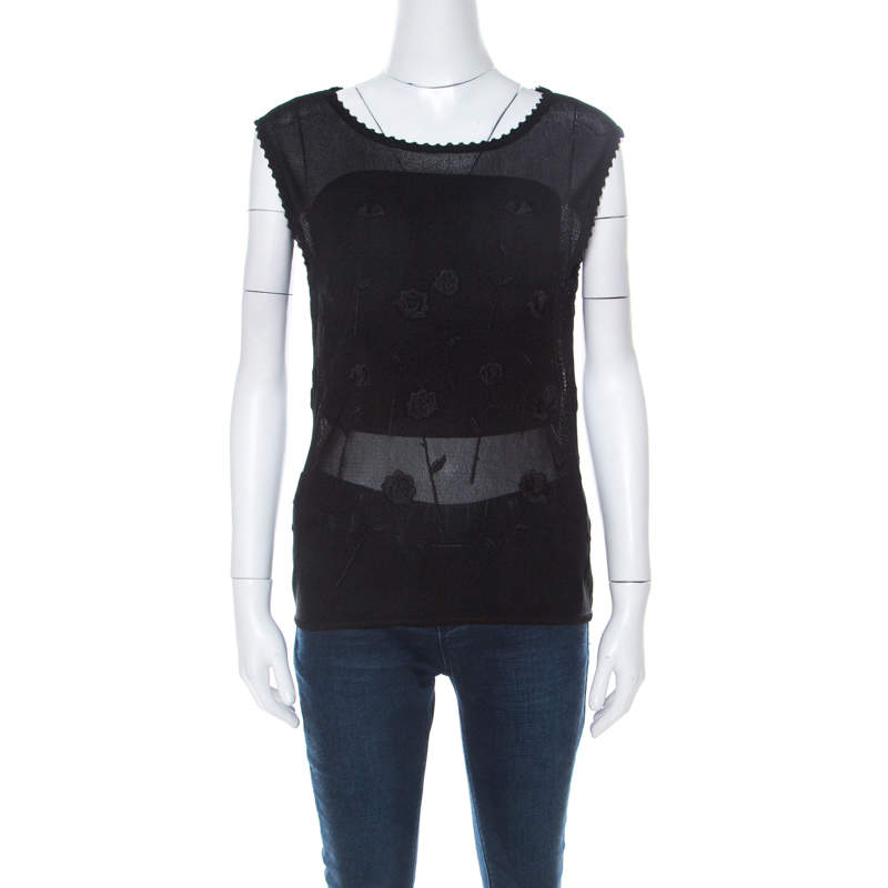 Pre Owned Nina Ricci Black Floral Embroidered Knit Sleeveless Top S 