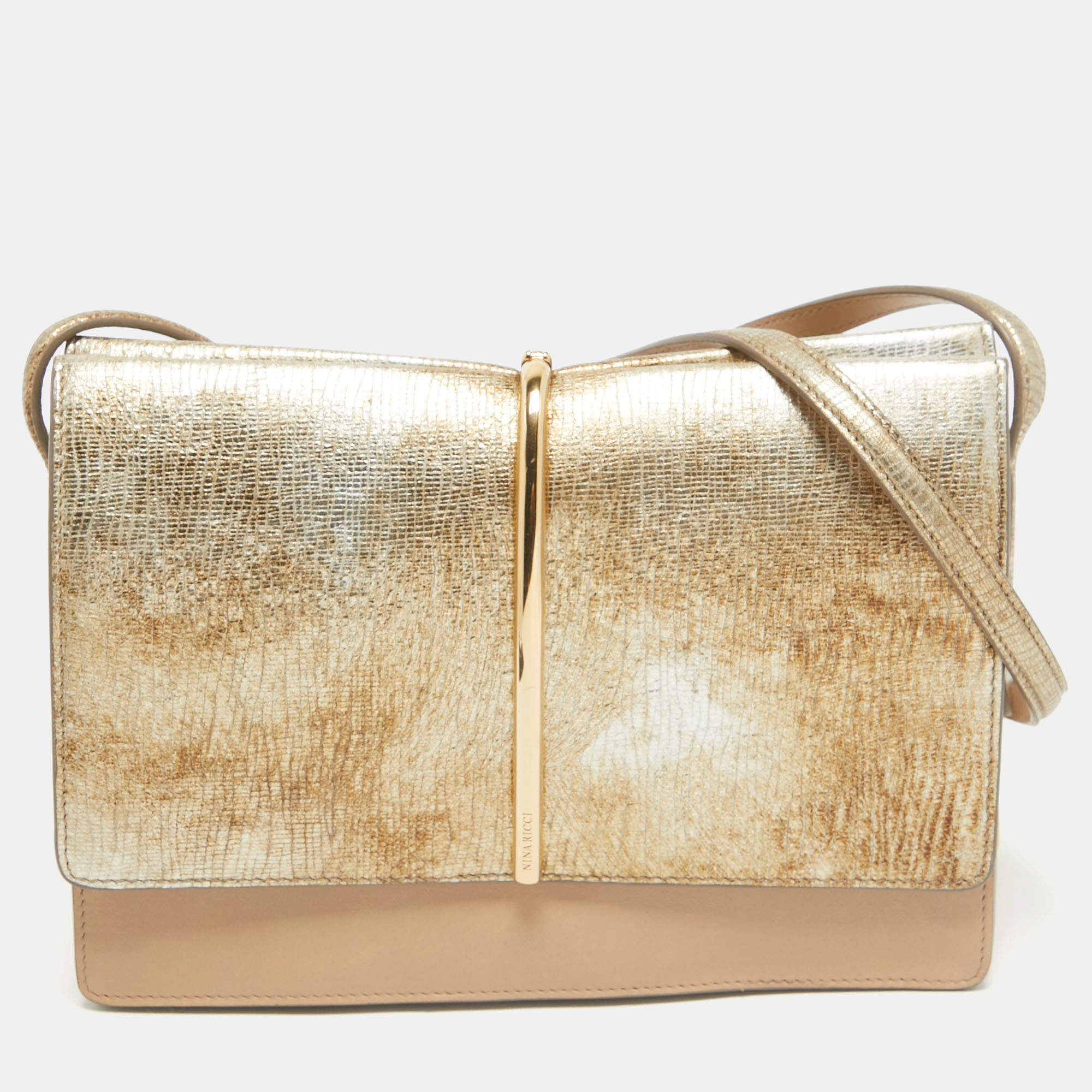 Nina Ricci Gold/Beige Leather and Suede Arc Shoulder Bag