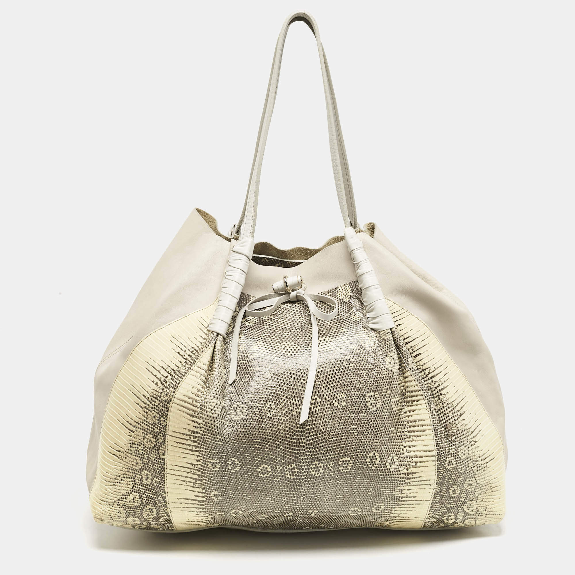 Nina Ricci Beige/Cream Leather and Lizard Ondine Cabas Tote