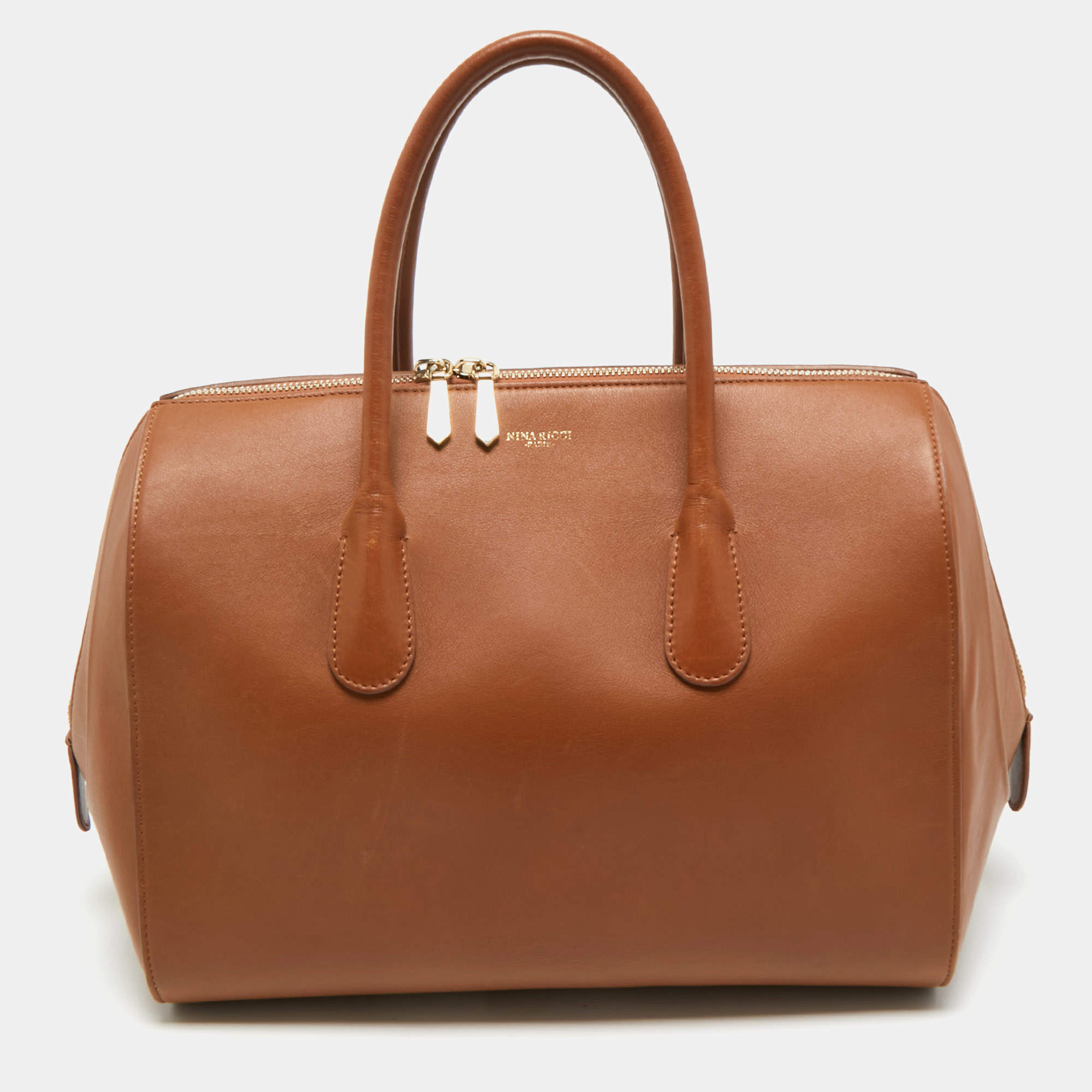 Pre Owned Nina Ricci Brown Leather Zip Boston Bag