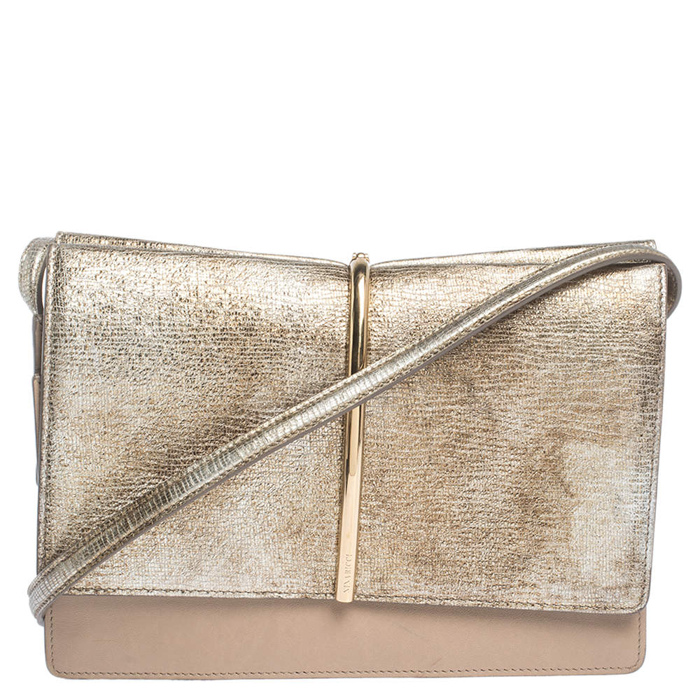 Pre Owned Nina Ricci Metallic Gold/Beige Leather and Suede Arc Shoulder Bag