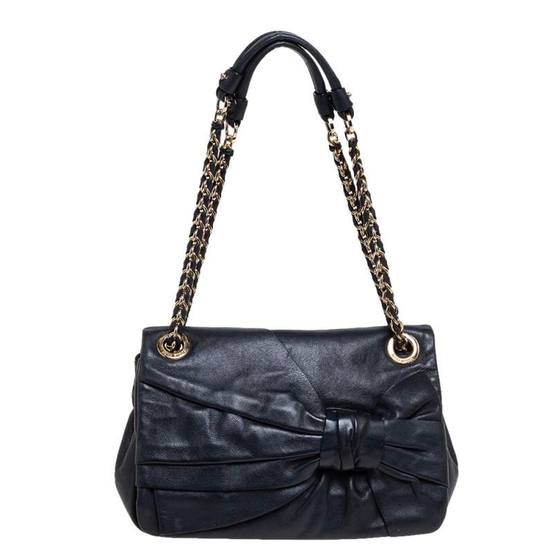 Pre Owned Nina Ricci Navy Blue Pleated Leather Bow Shoulder Bag