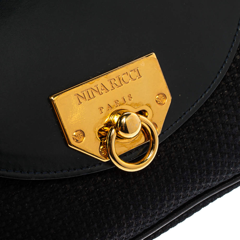 Nina Ricci Dark Blue Woven Suede and Leather Flap Shoulder Bag