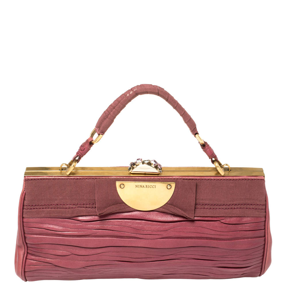 Pre Owned Nina Ricci Fuchsia Pleated Leather and Canvas Frame Chain Clutch