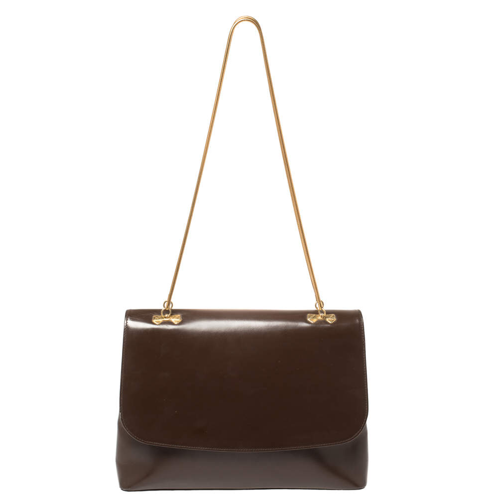 Nina Ricci Brown Leather Flap Chain Shoulder Bag