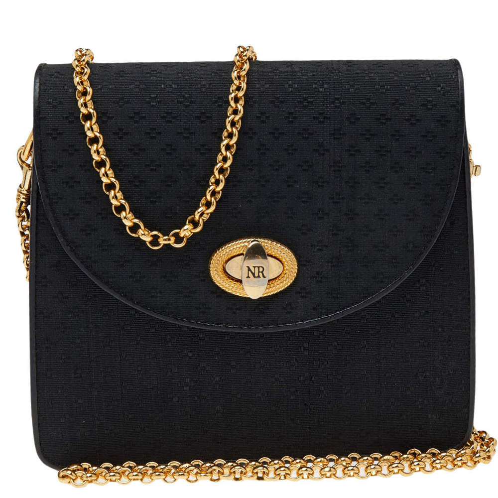 Nina Ricci Black Leather And Nylon Flap Chain Shoulder Bag