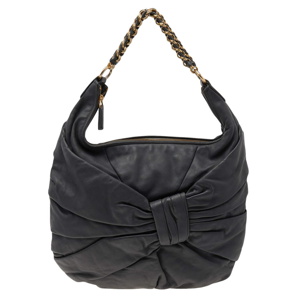 Nina Ricci Dark Grey Pleated Leather Chain Hobo 