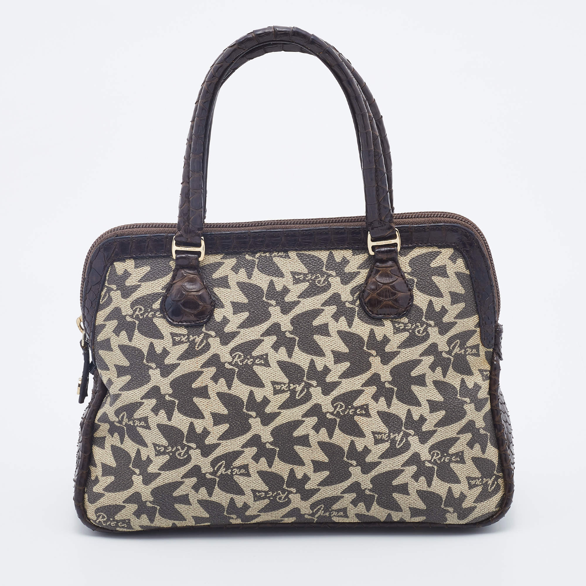Nina Ricci Dark Brown/Beige Coated Canvas And Python Satchel