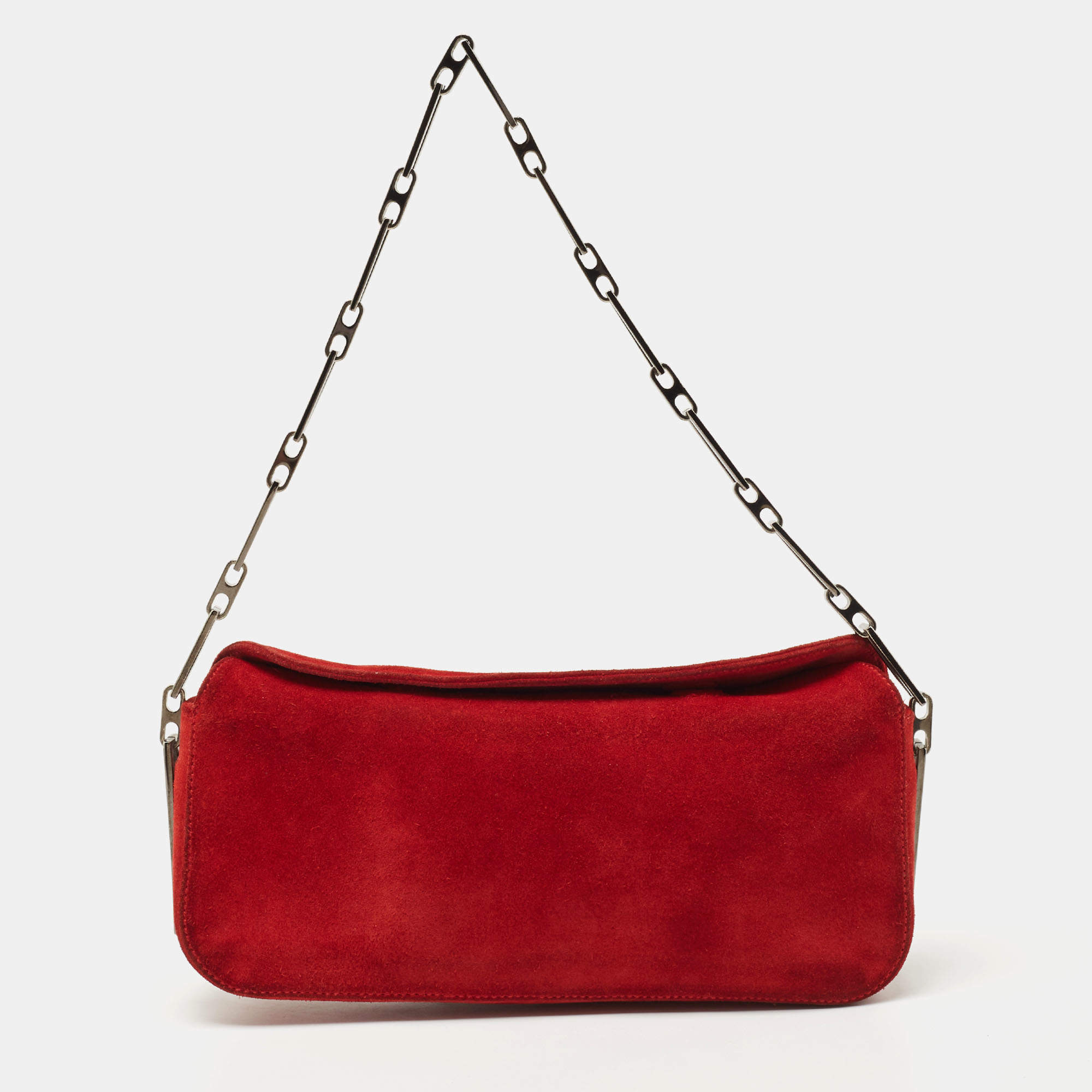 Pre Owned Nina Ricci Red Suede Chainlink Baguette Bag