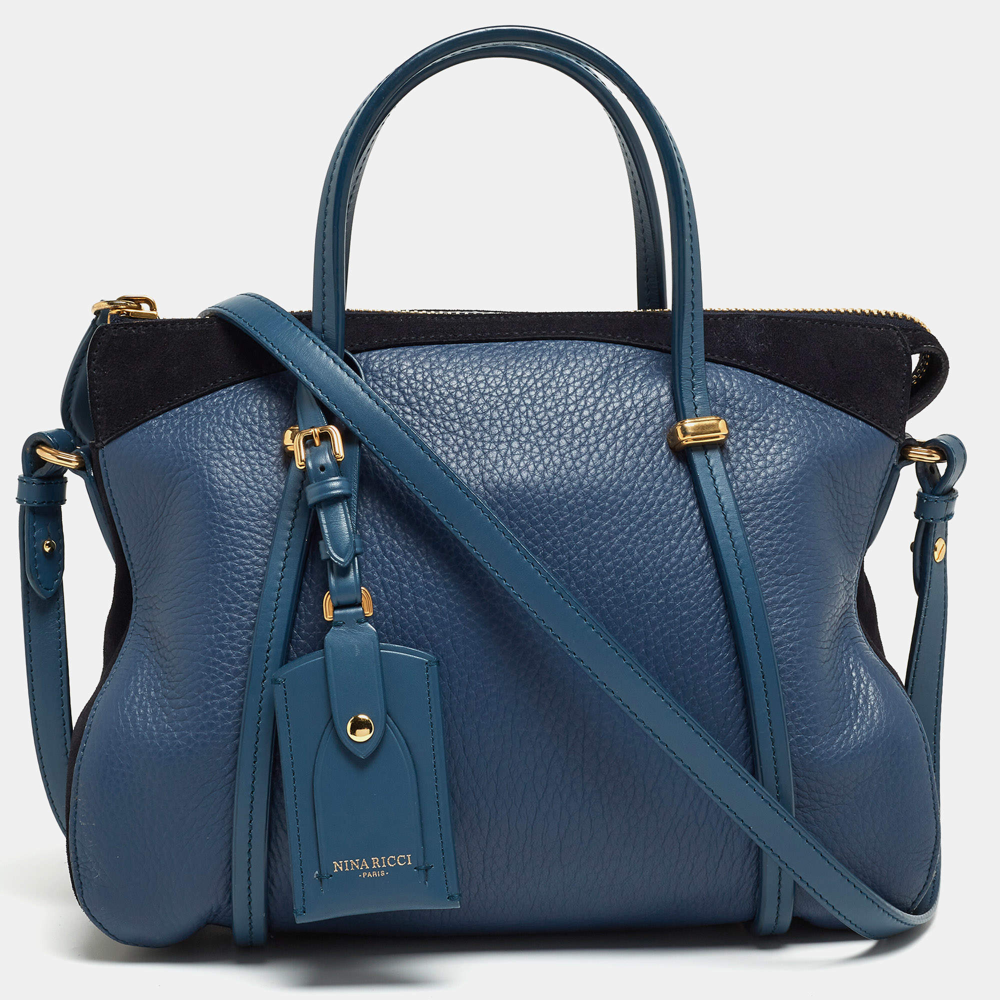 Pre Owned Nina Ricci Two Tone Blue Leather Zip Satchel