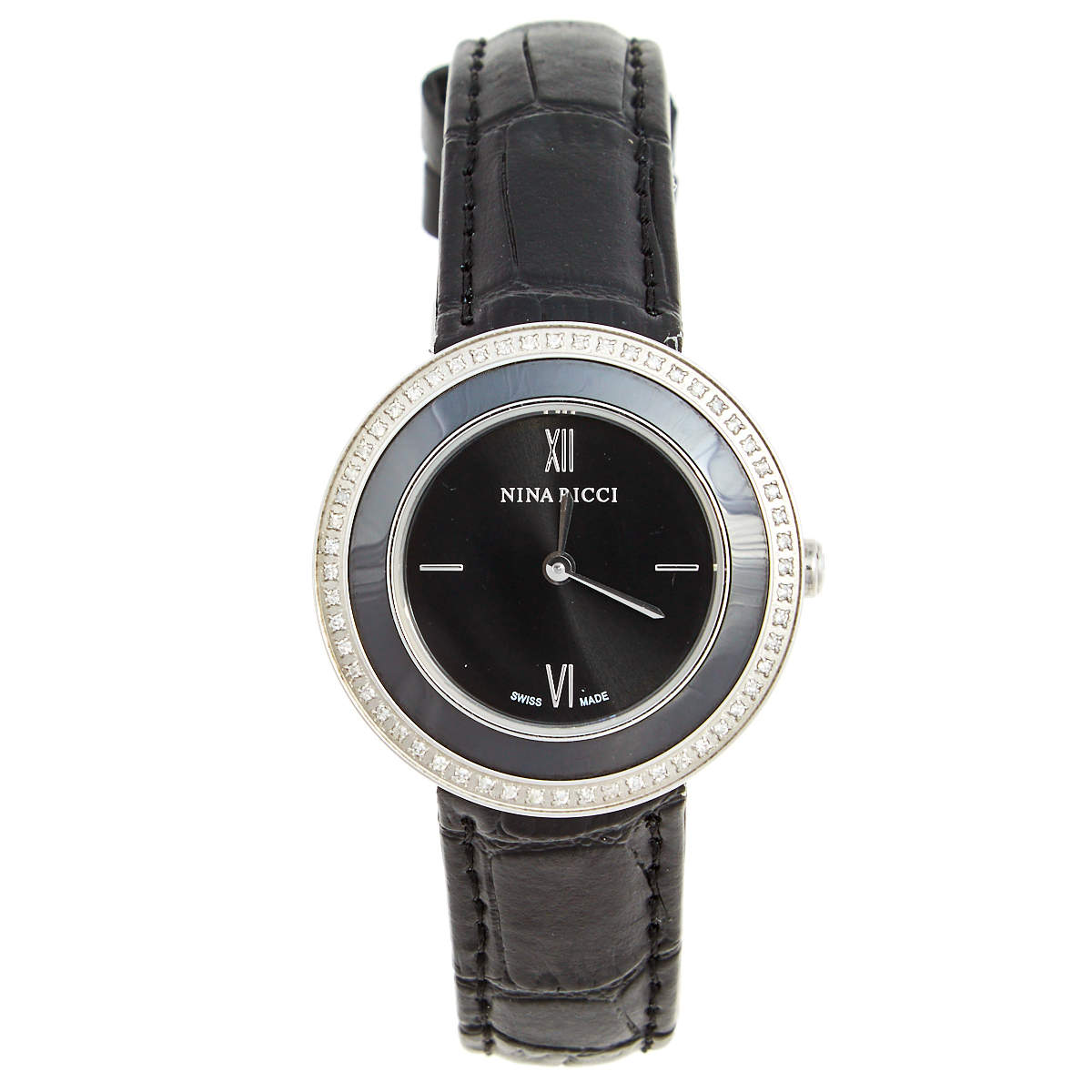 Pre Owned Nina Ricci Black Stainless Steel Leather N064006SM Women's Wristwatch 32 mm