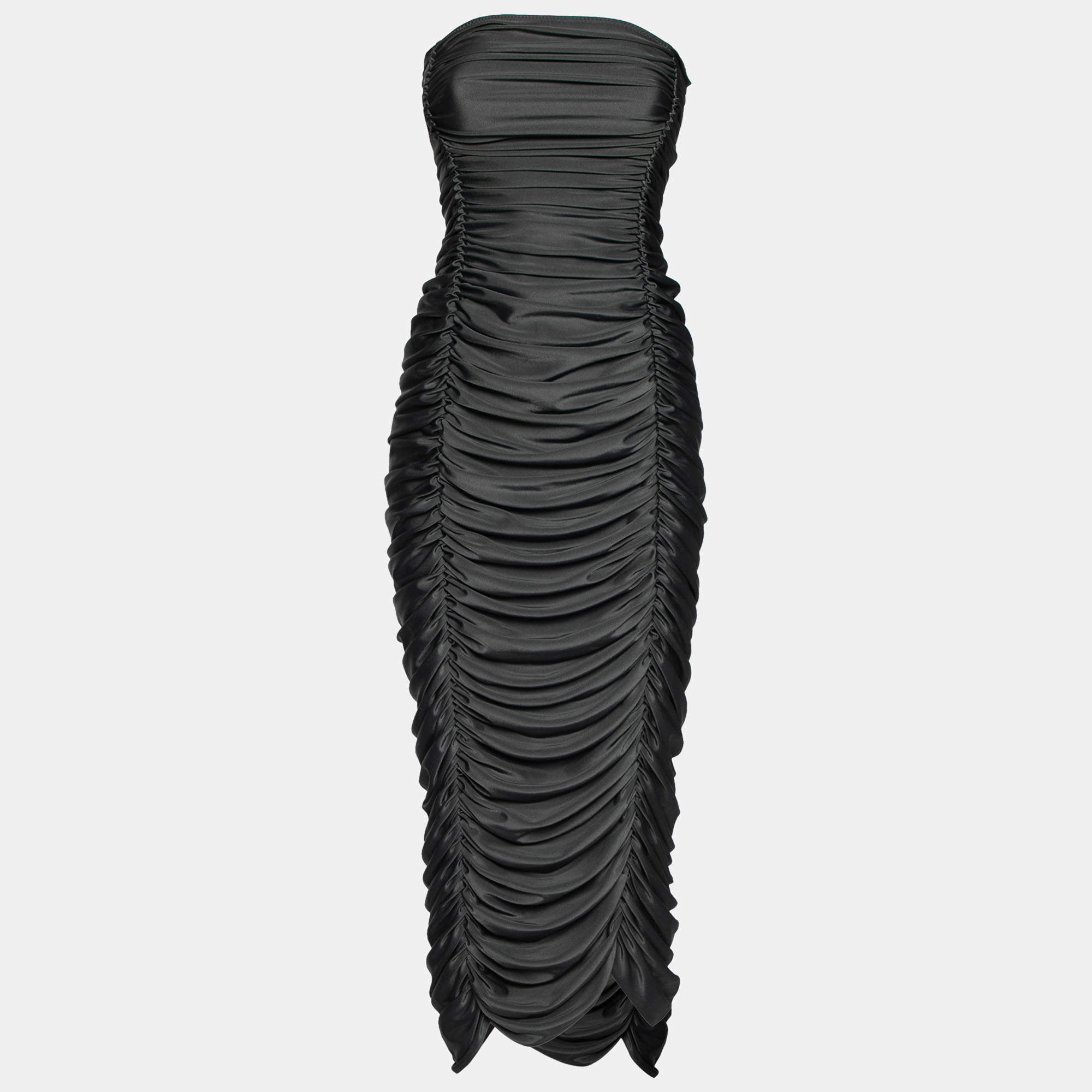 Norma Kamali Grey Stretch Knit Ruched Strapless Midi Dress L