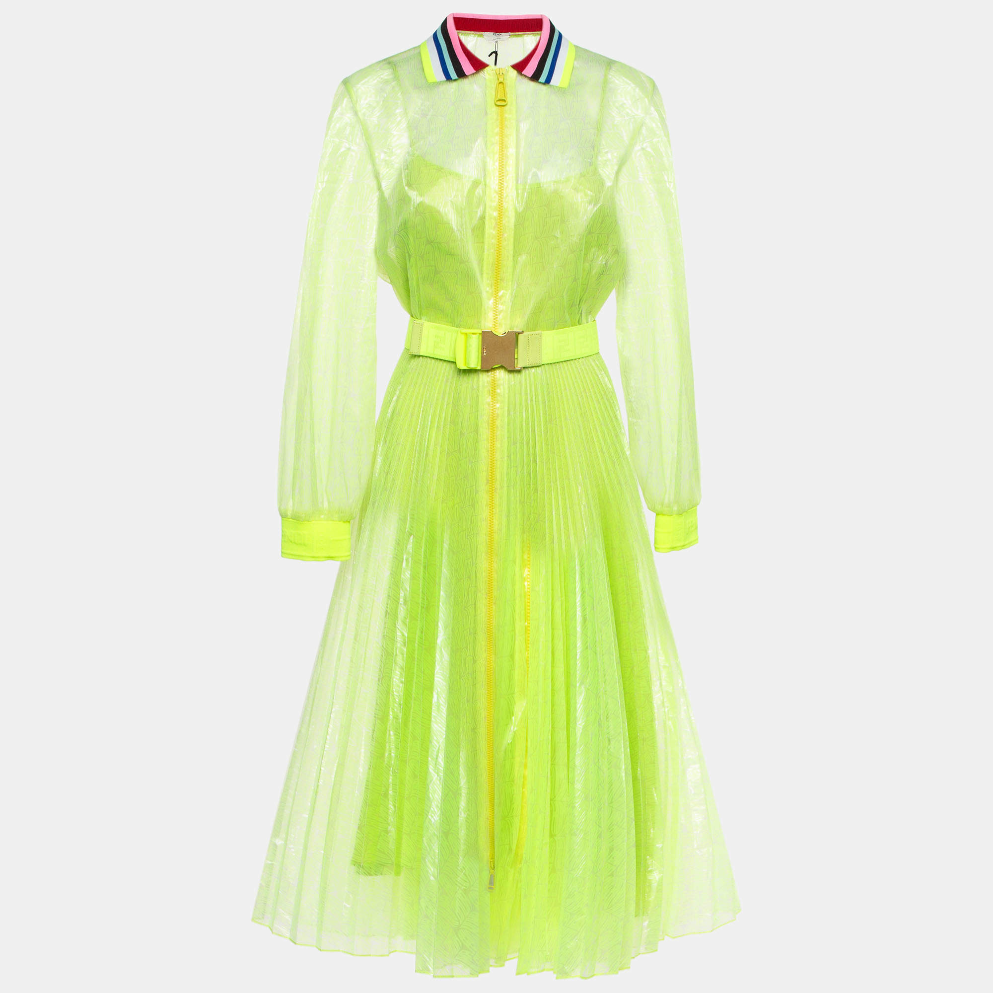 Fendi Neon Yellow Printed Synthetic Pleated Bleated Midi Dress M