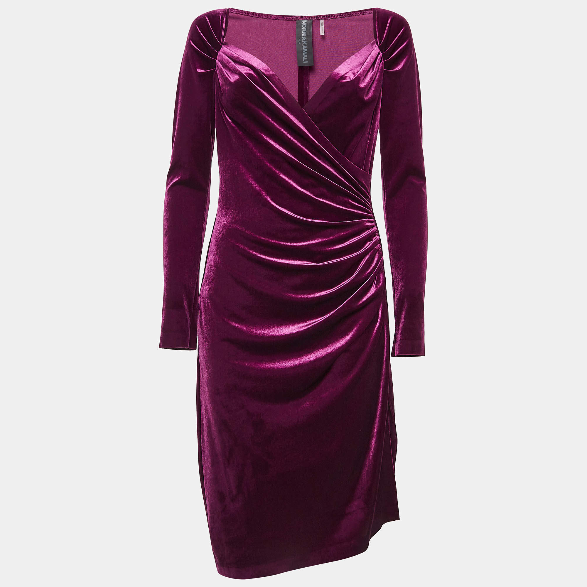 Norma Kamali Purple Stretch Velvet Ruche Detail Short Dress M
