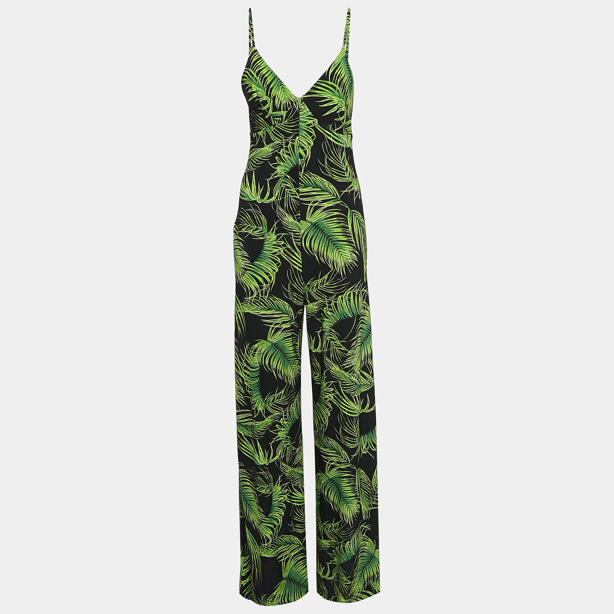 Norma Kamali Black/Green Palm Leaf Print Jersey Slip Jumpsuit M