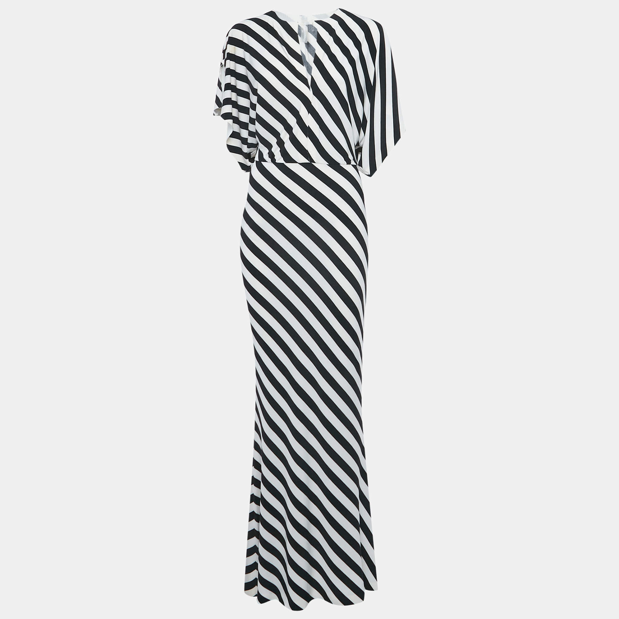 Pre Owned Norma Kamali Black/White Stripe Print Jersey Long Dress XS
