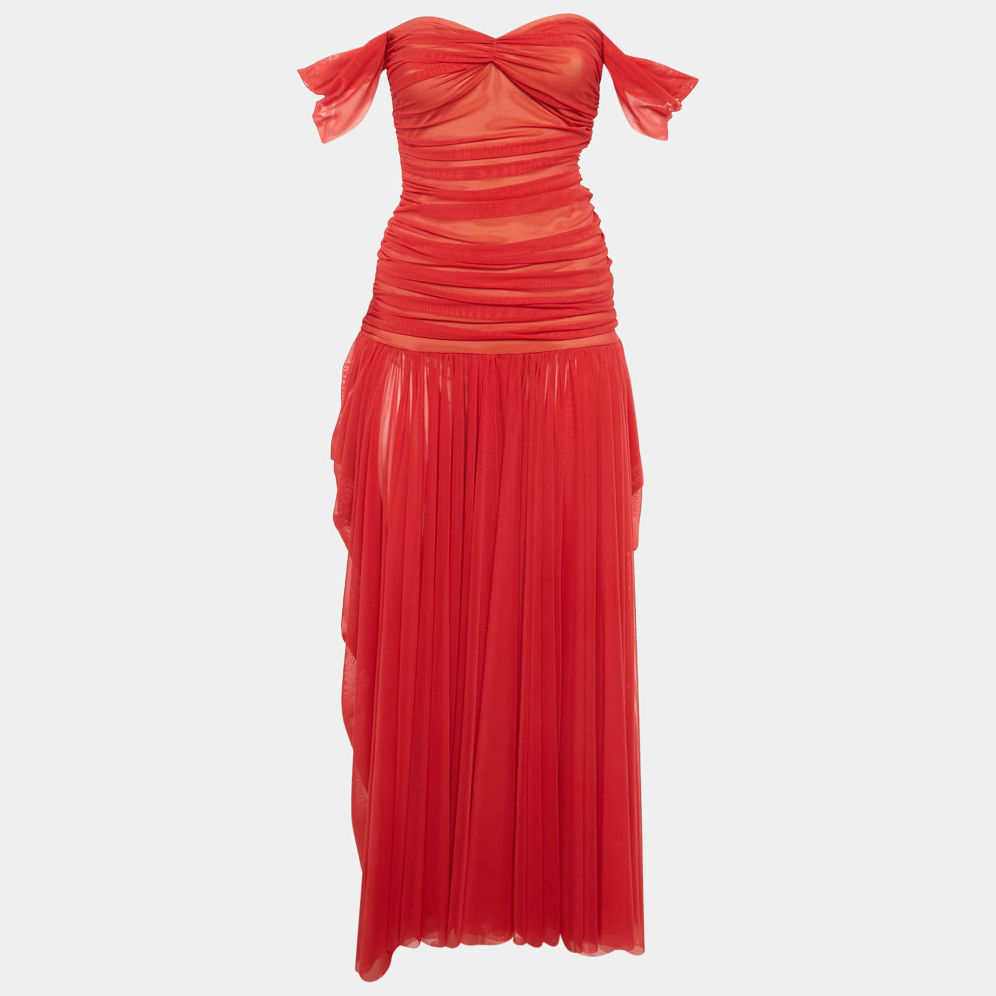 Pre Owned Norma Kamali Red Stretch Mesh Knit Ruched Gown S