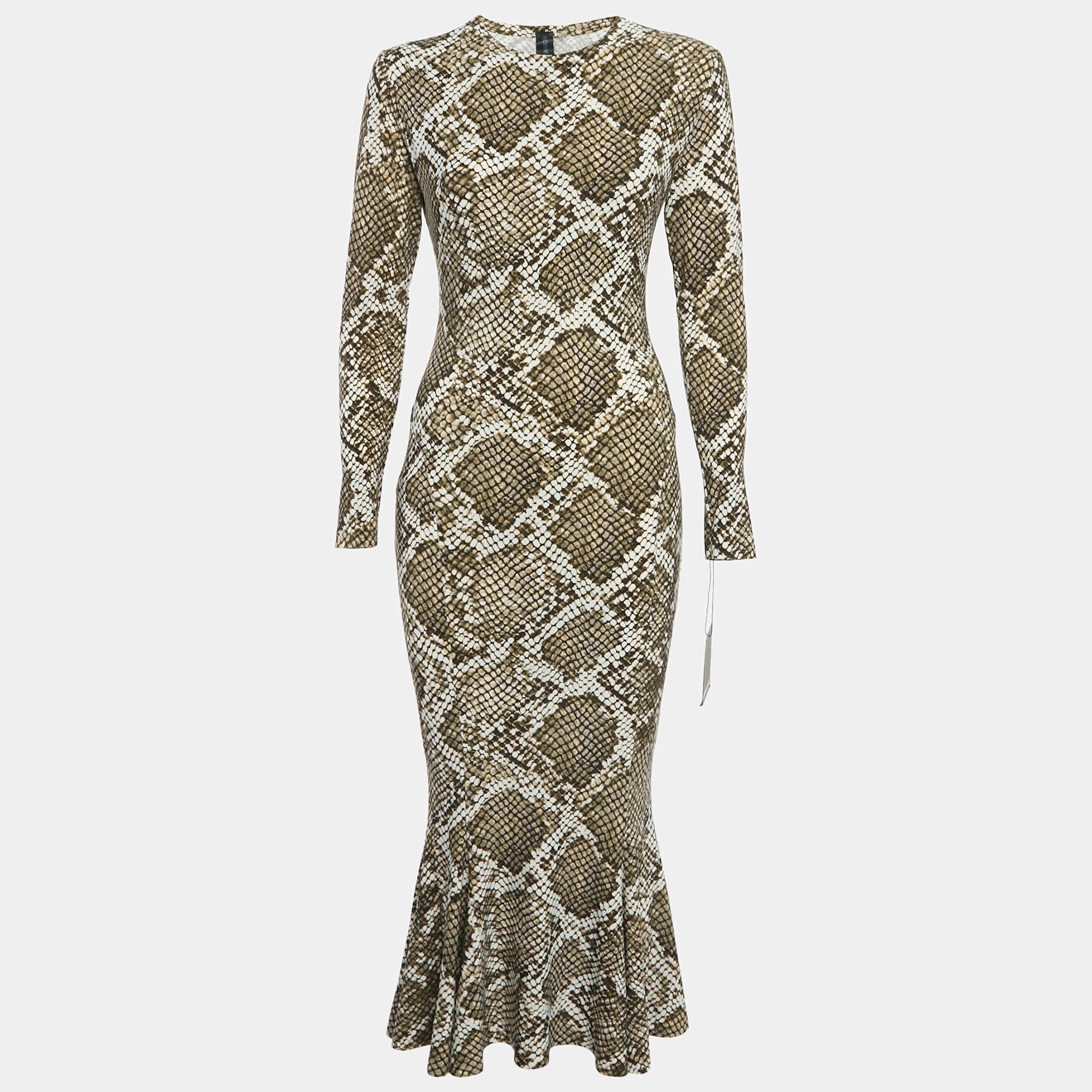 مملوكة مسبقًا Norma Kamali White/Green Python Print Jersey Fishtail Maxi Dress S