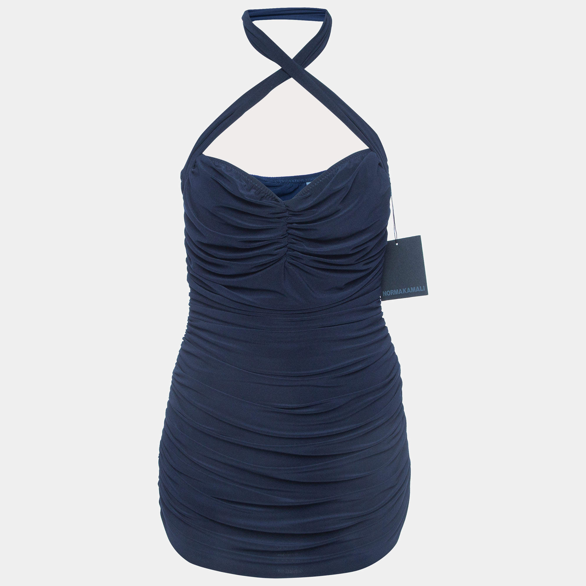 Norma Kamali Navy Blue Gathered Jersey Bill Mio Swimsuit XL