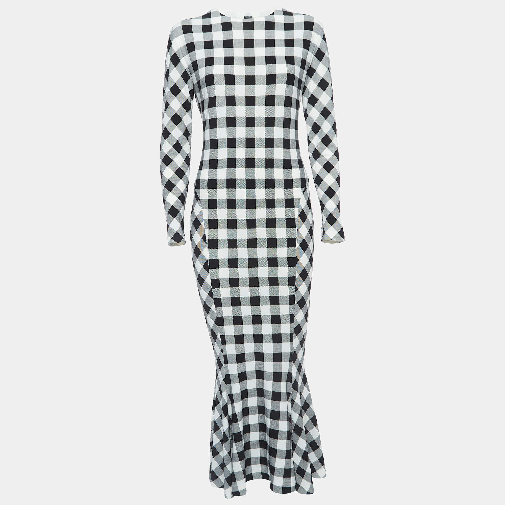 Pre Owned Norma Kamali Black/White Checked Jersey Fishtail Midi Dress M
