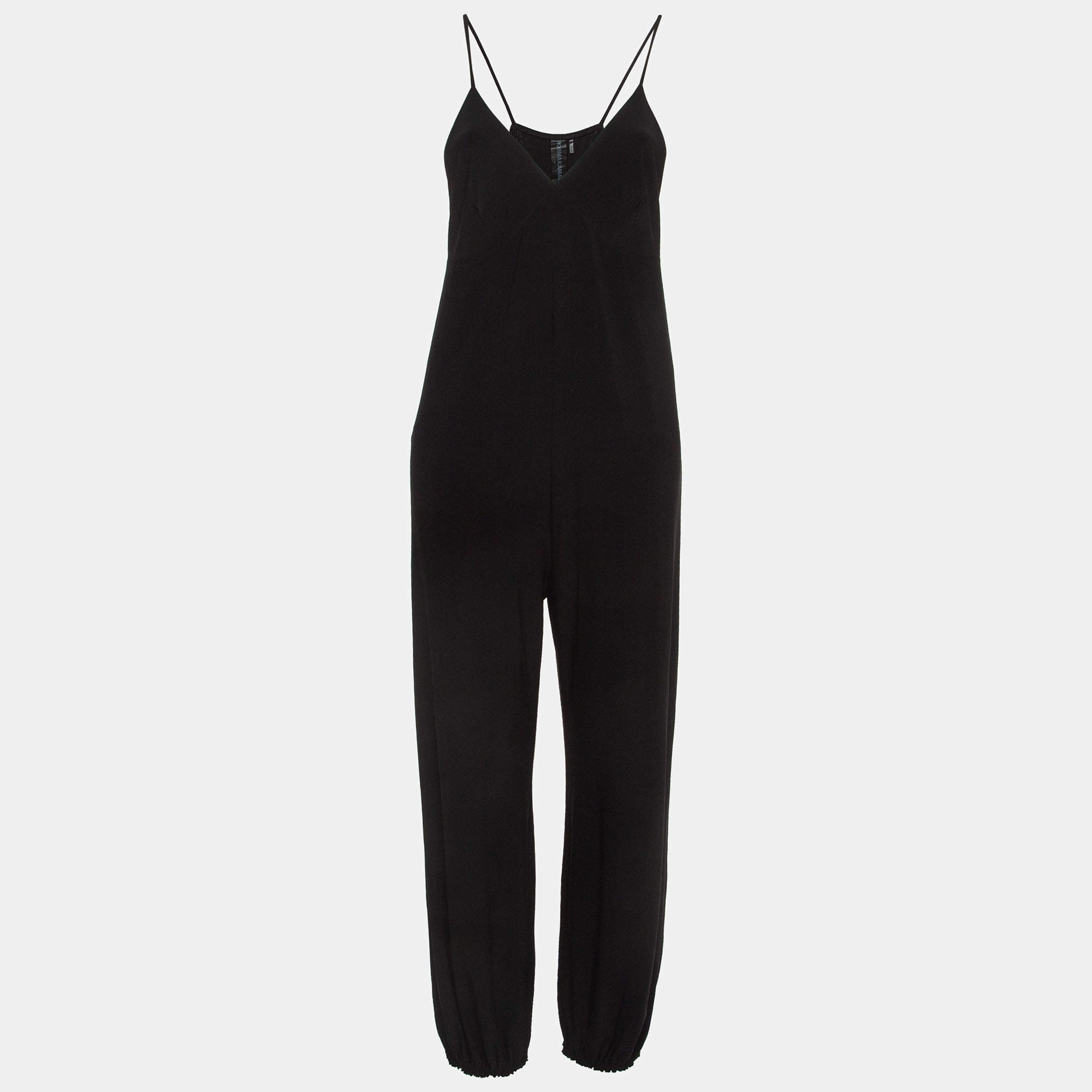 Norma Kamali Black Stretch Jersey Strappy Cropped Leg Jumpsuit L