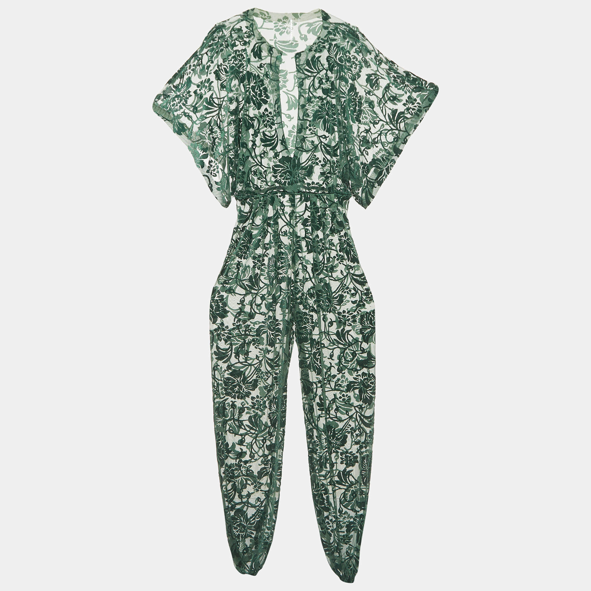 Norma Kamali Green Floral Pattern Tulle and Velvet  Jog Jumpsuit M