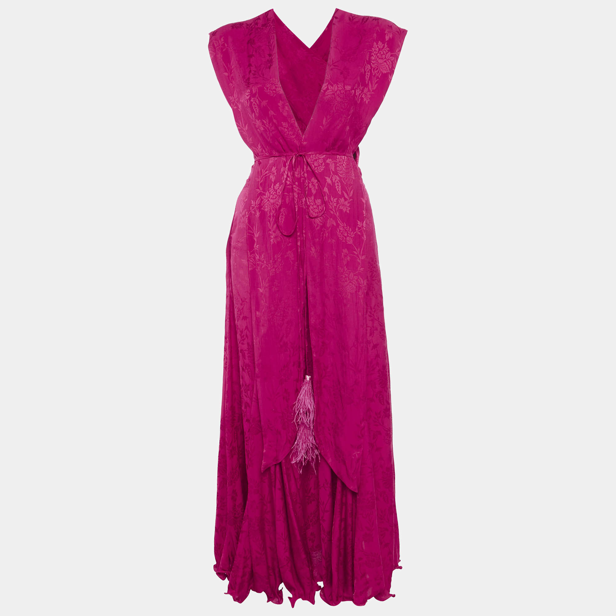 مملوكة مسبقًا Not So Serious Pink Floral Jacquard Feather Embellished Jacket and Dress Set S