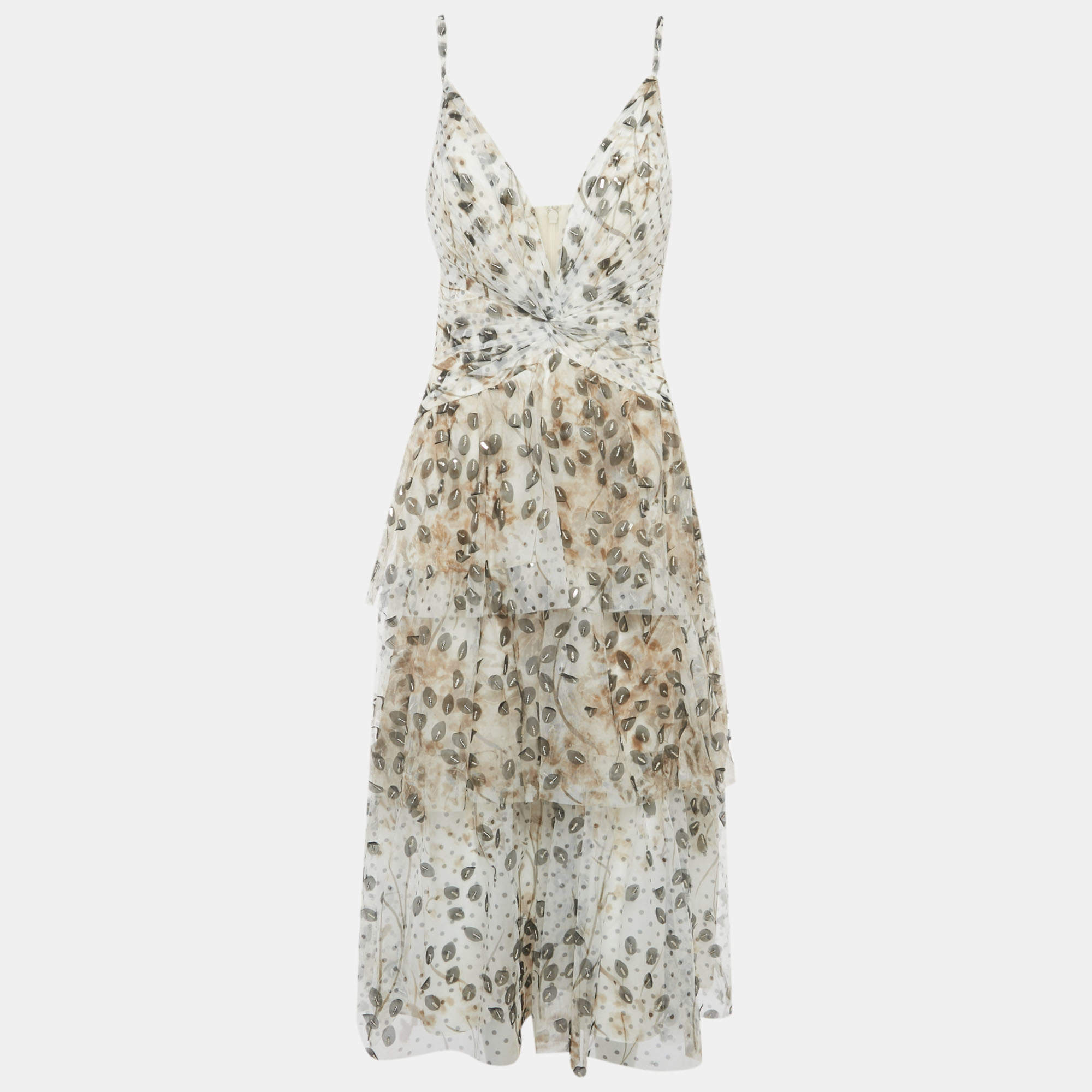 Pre Owned Notte By Marchesa Beige Leaf Appliqué Tulle Tiered Midi Dress XL