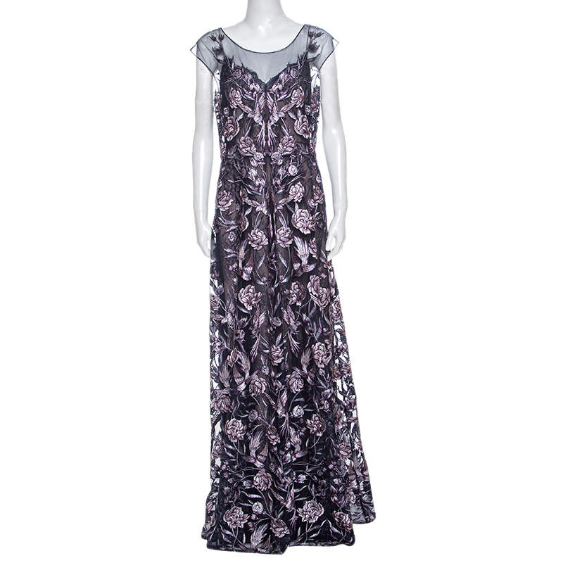 Notte by Marchesa Navy Blue And Purple Rose Embroidered Gown L