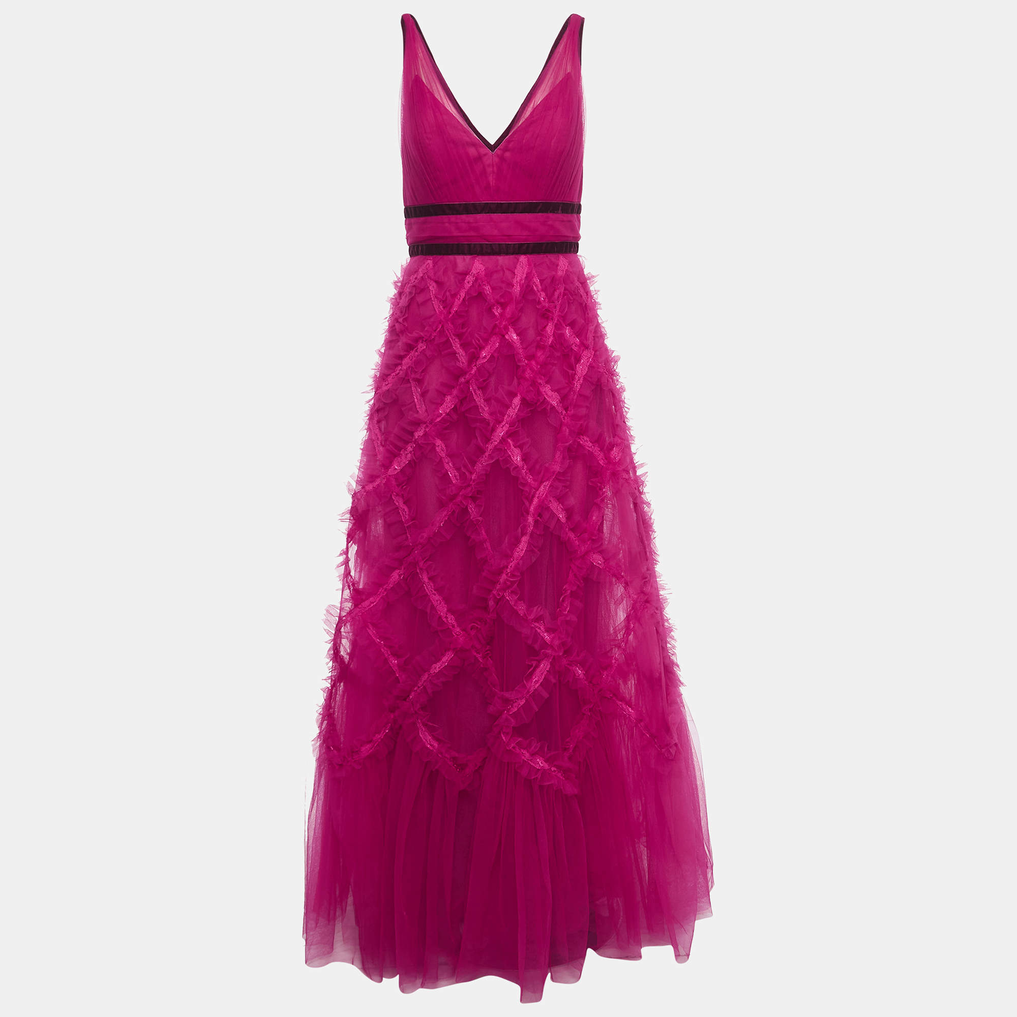 مملوكة مسبقًا Notte By Marchesa Pink Tulle Ruffle Detailed Sleeveless Gown M